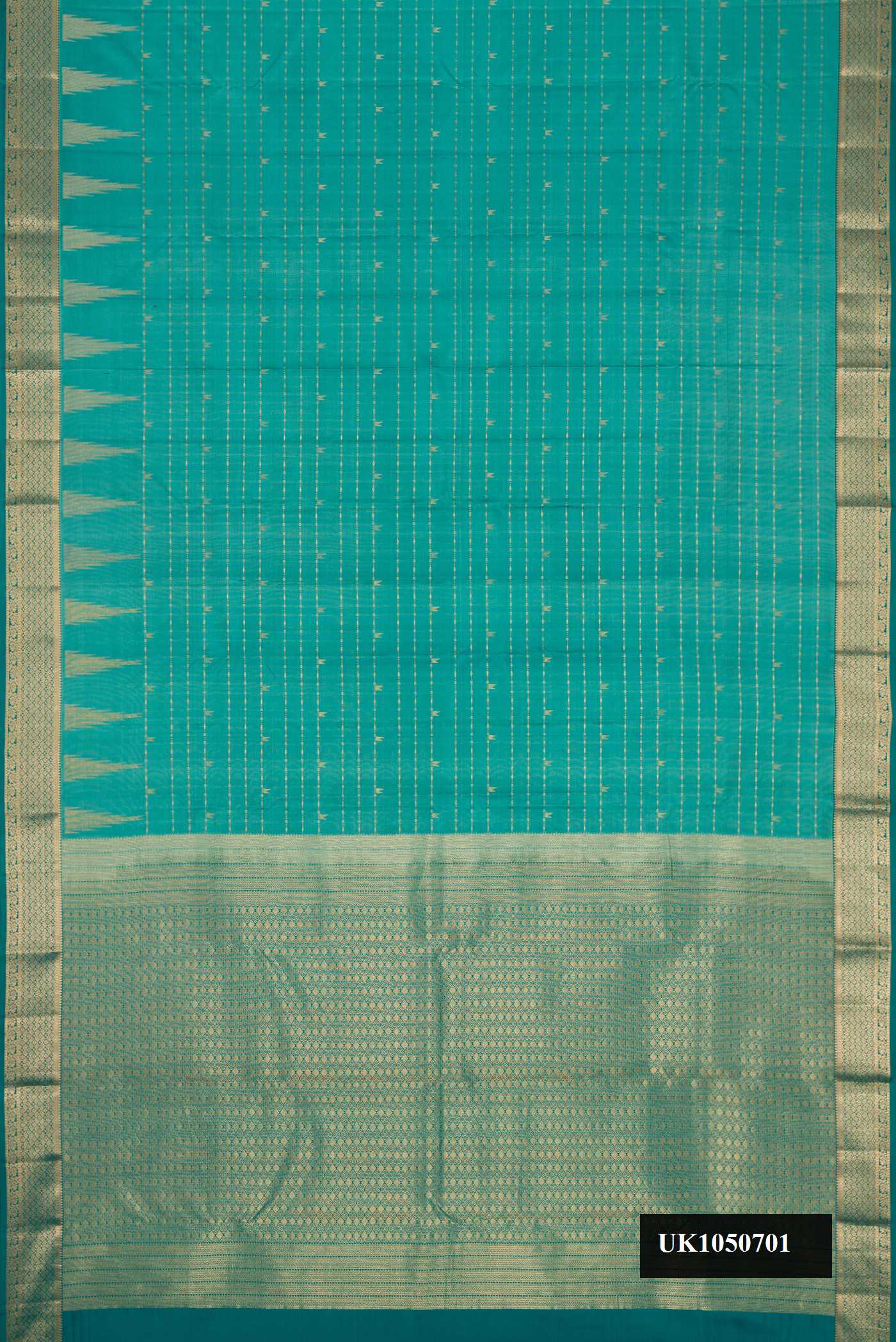 Maya Blue Dual Tone Kanchipuram Silk Saree with Zari Butta on the body and Zari Border.  displayed on a mannequin
