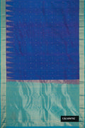 Royal Blue Dual Tone Kanchipuram Silk Saree with Zari Butta on the body and Temple Border.  displayed on a mannequin