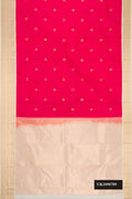 Dark Pink Dual Tone Kanchipuram Silk Saree with Zari Butta on the body and Zari Border.  displayed on a mannequin
