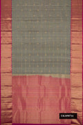 Grey Dual Tone Kanchipuram Silk Saree with Checked design on the body and Zari Border.  displayed on a mannequin