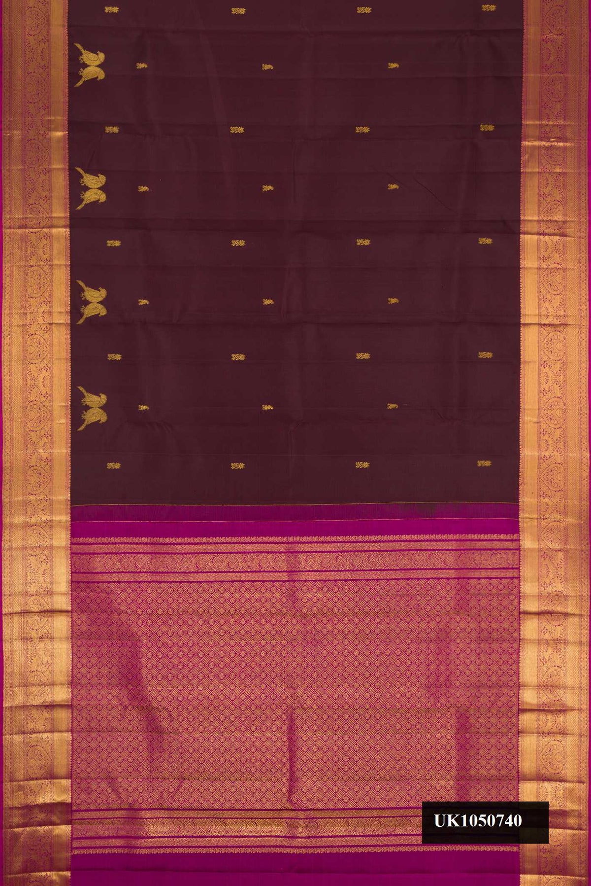 Coffee Brown Dual Tone Kanchipuram Silk Saree with Zari Butta on the body and Zari Border.  displayed on a mannequin