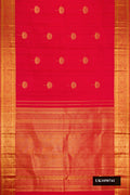 Red Dual Tone Kanchipuram Silk Saree with Zari Butta on the body and Zari Border.  displayed on a mannequin