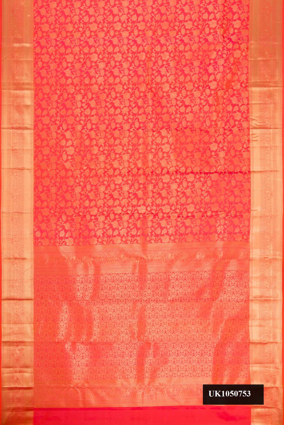 Pink Dual Tone Kanchipuram Silk Saree with Zari Brocade on the body and Zari Border.  displayed on a mannequin