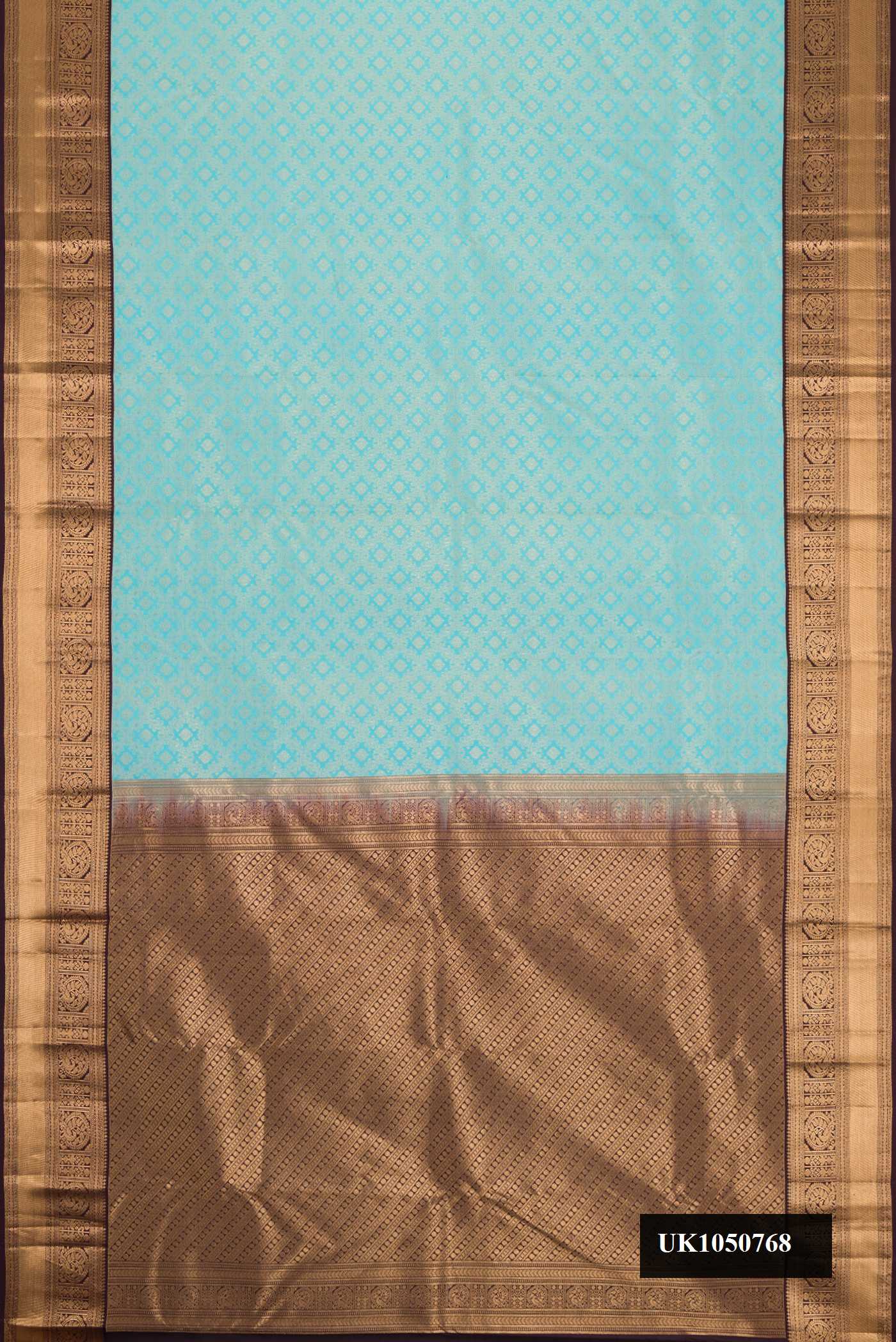 Light Blue Dual Tone Kanchipuram Silk Saree with Zari Brocade on the body and Zari Border.  displayed on a mannequin