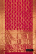 Dark Pink Dual Tone Kanchipuram Silk Saree with Zari Brocade on the body and Zari Border.  displayed on a mannequin