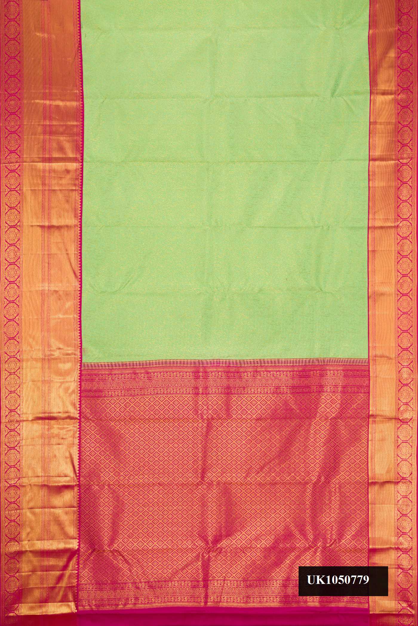 Parrot Green Dual Tone Kanchipuram Silk Saree with Zari Brocade on the body and Zari Border.  displayed on a mannequin