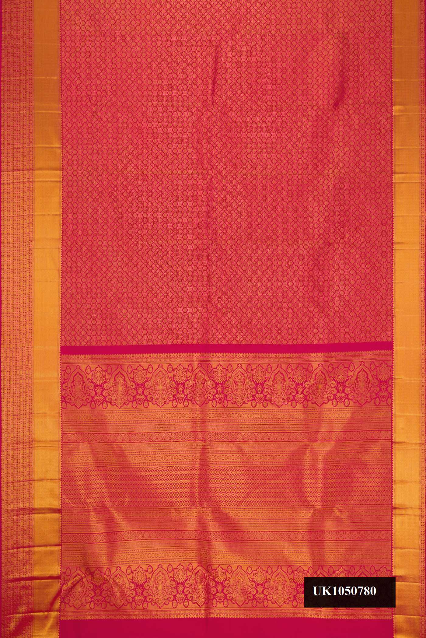 Dark Pink Dual Tone Kanchipuram Silk Saree with Zari Brocade on the body and Zari Border.  displayed on a mannequin