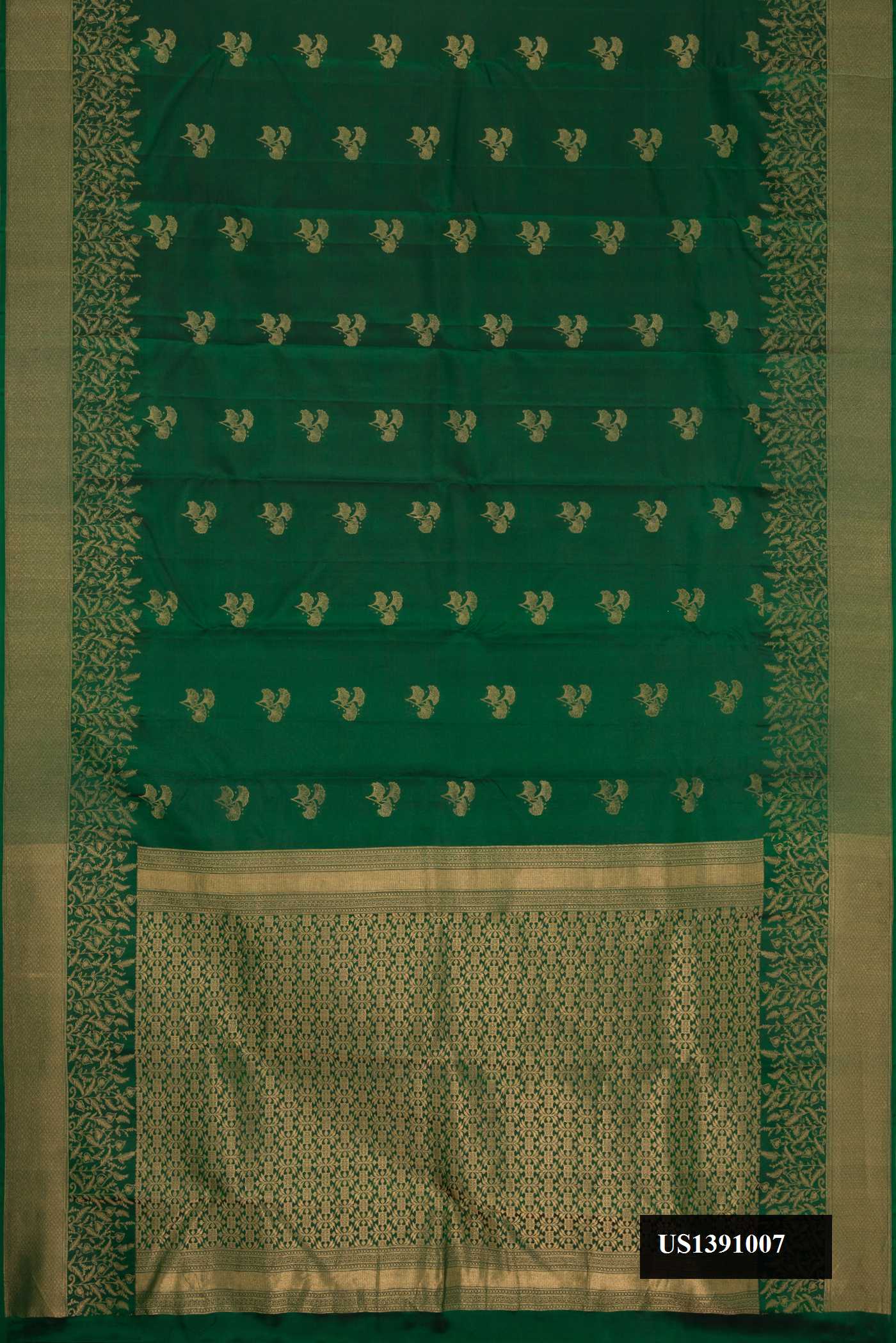 Bottle Green Dual Tone Kanchipuram Silk Saree with Zari Butta on the body and Zari Border.  displayed on a mannequin