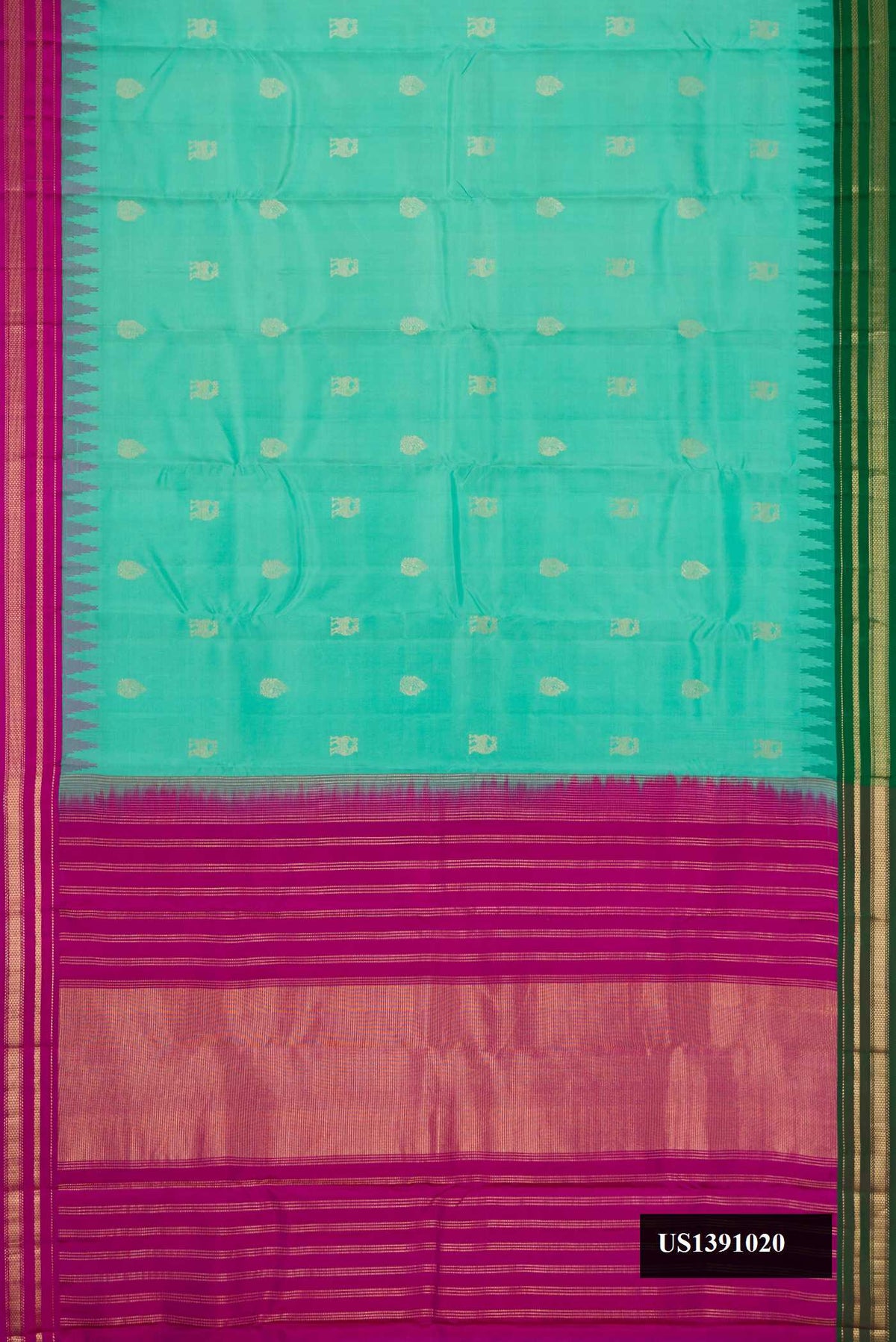 Sea Green Dual Tone Kanchipuram Silk Saree with Zari Butta on the body and Ganga Jamuna Border.  displayed on a mannequin