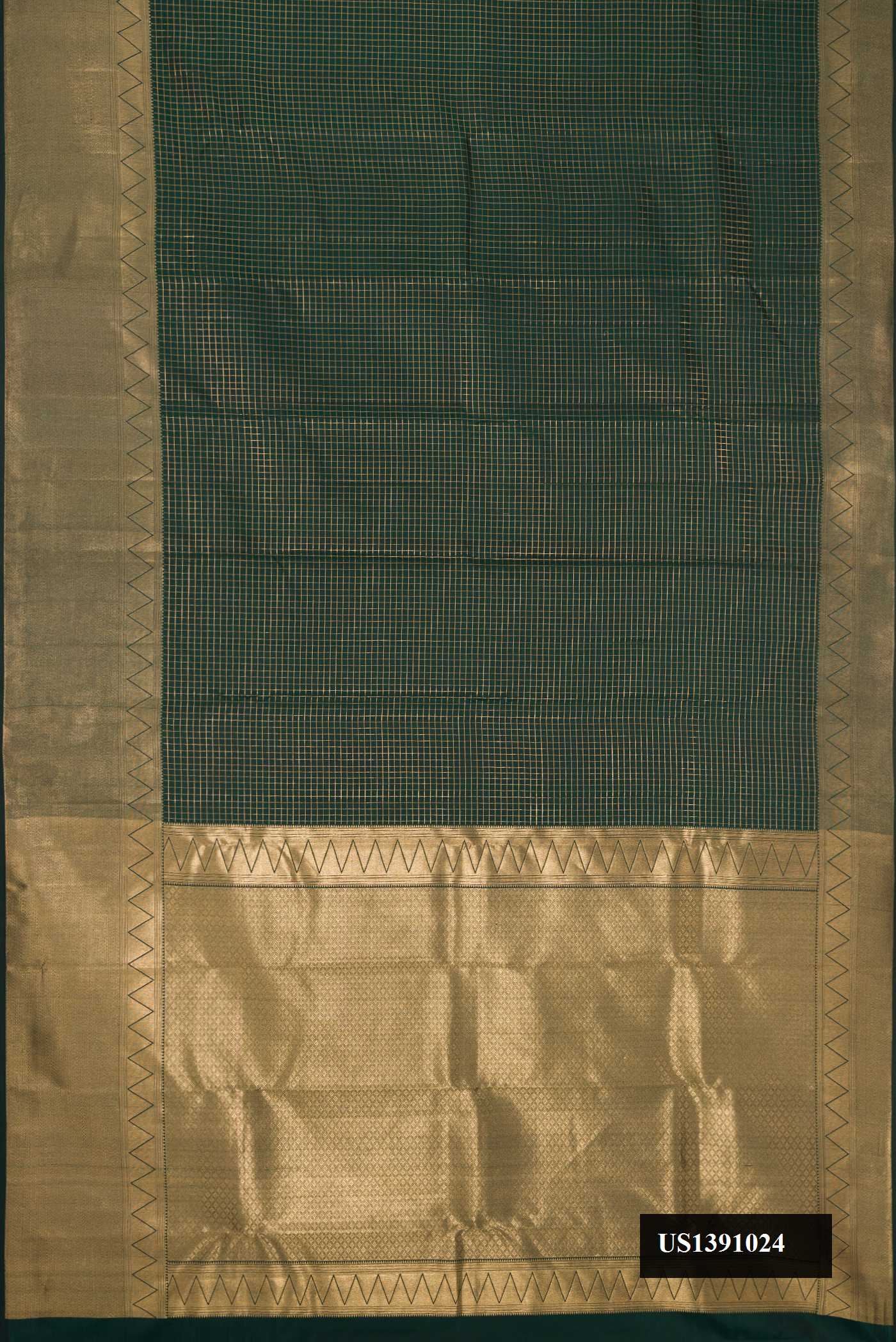 Bottle Green Dual Tone Kanchipuram Silk Saree with Checked design on the body and Zari Border.  displayed on a mannequin