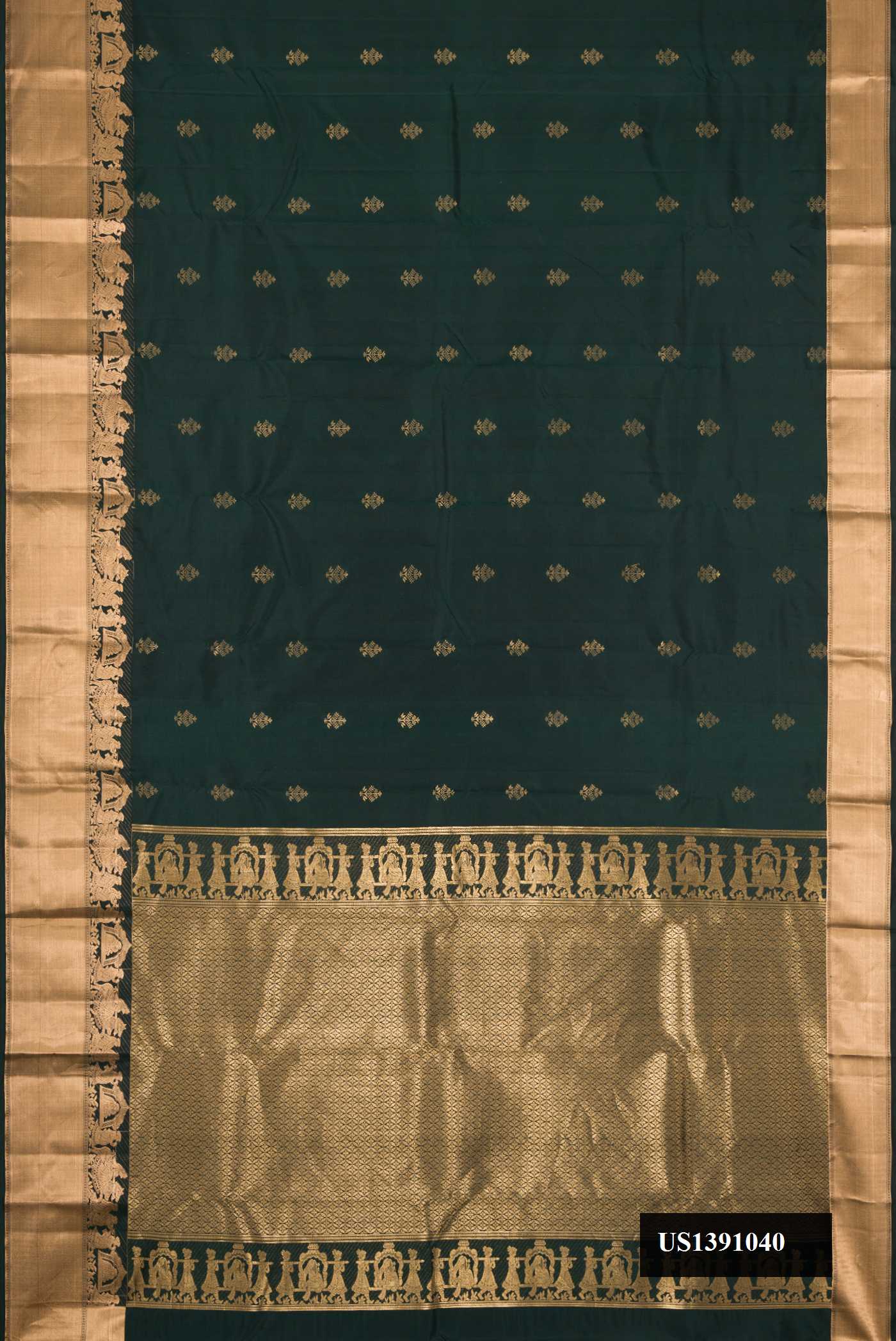 Bottle Green Dual Tone Kanchipuram Silk Saree with Zari Butta on the body and Fancy Border.  displayed on a mannequin