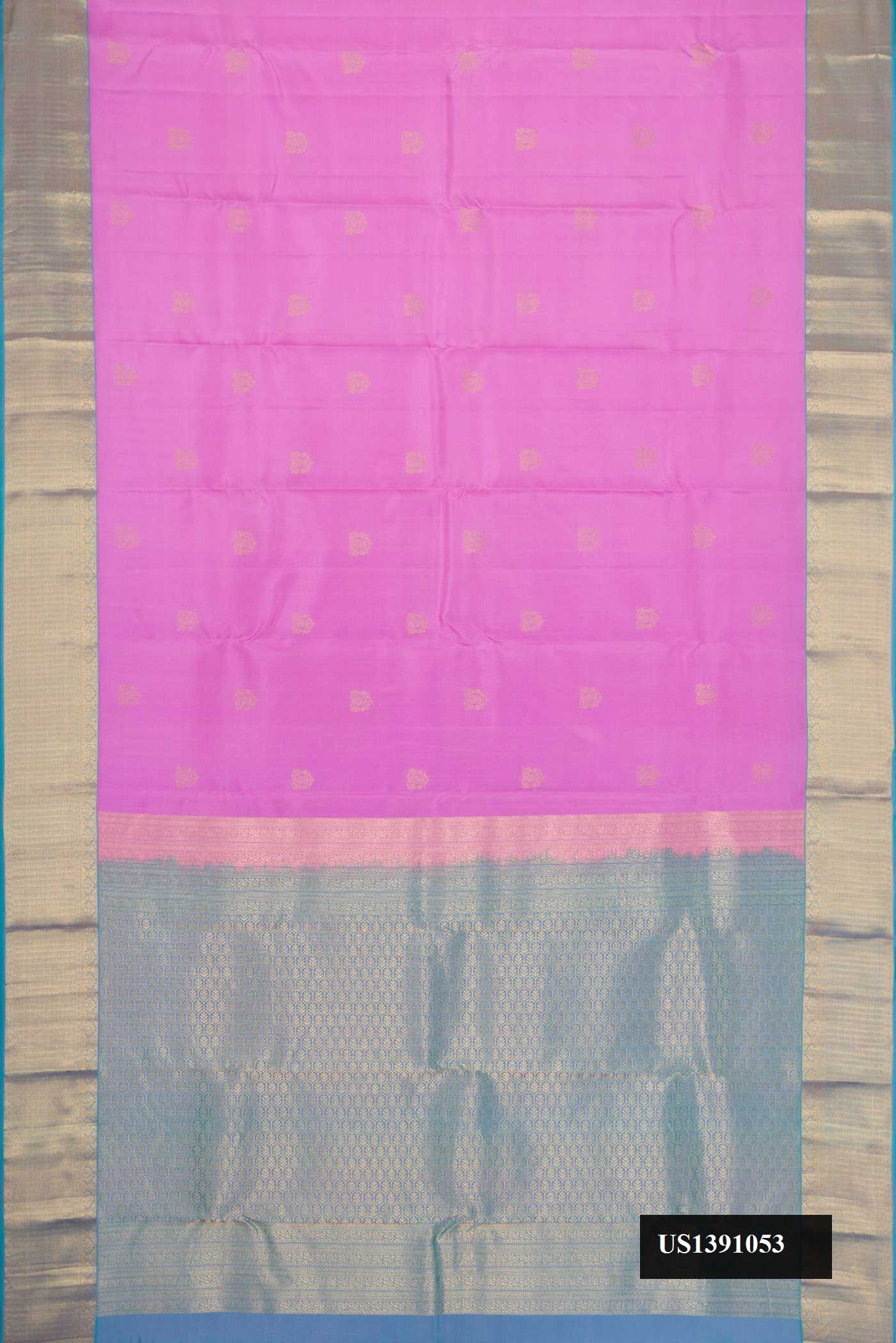 Pink Dual Tone Kanchipuram Silk Saree with Zari Butta on the body and Zari Border.  displayed on a mannequin