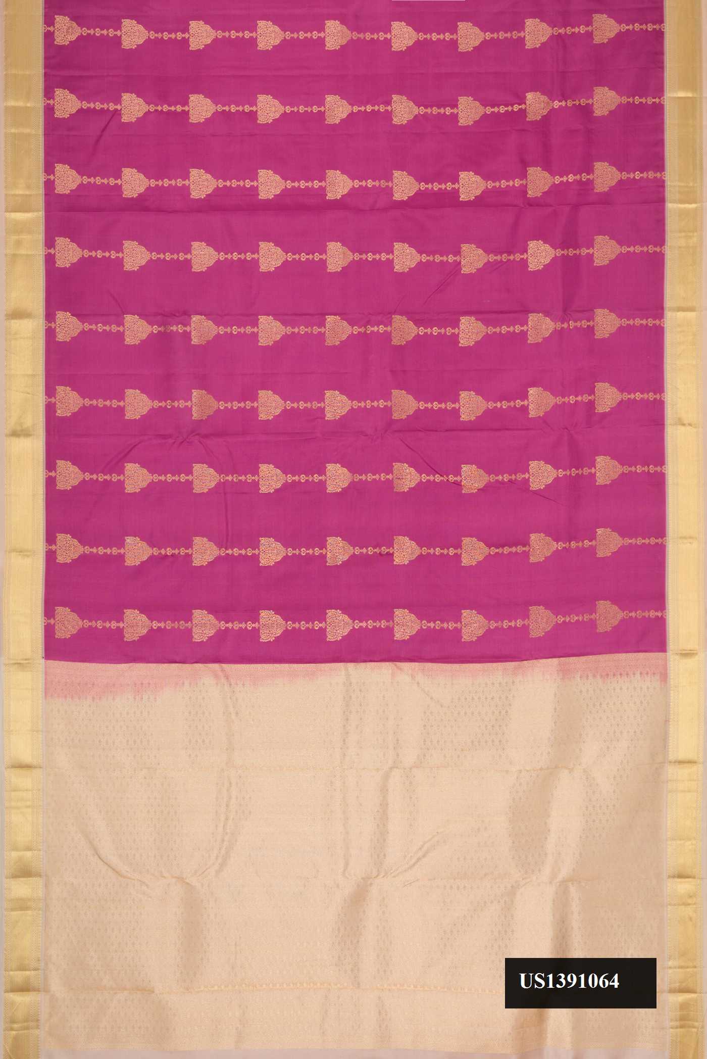 Pink Dual Tone Kanchipuram Silk Saree with Stripes on the body and Zari Border.  displayed on a mannequin