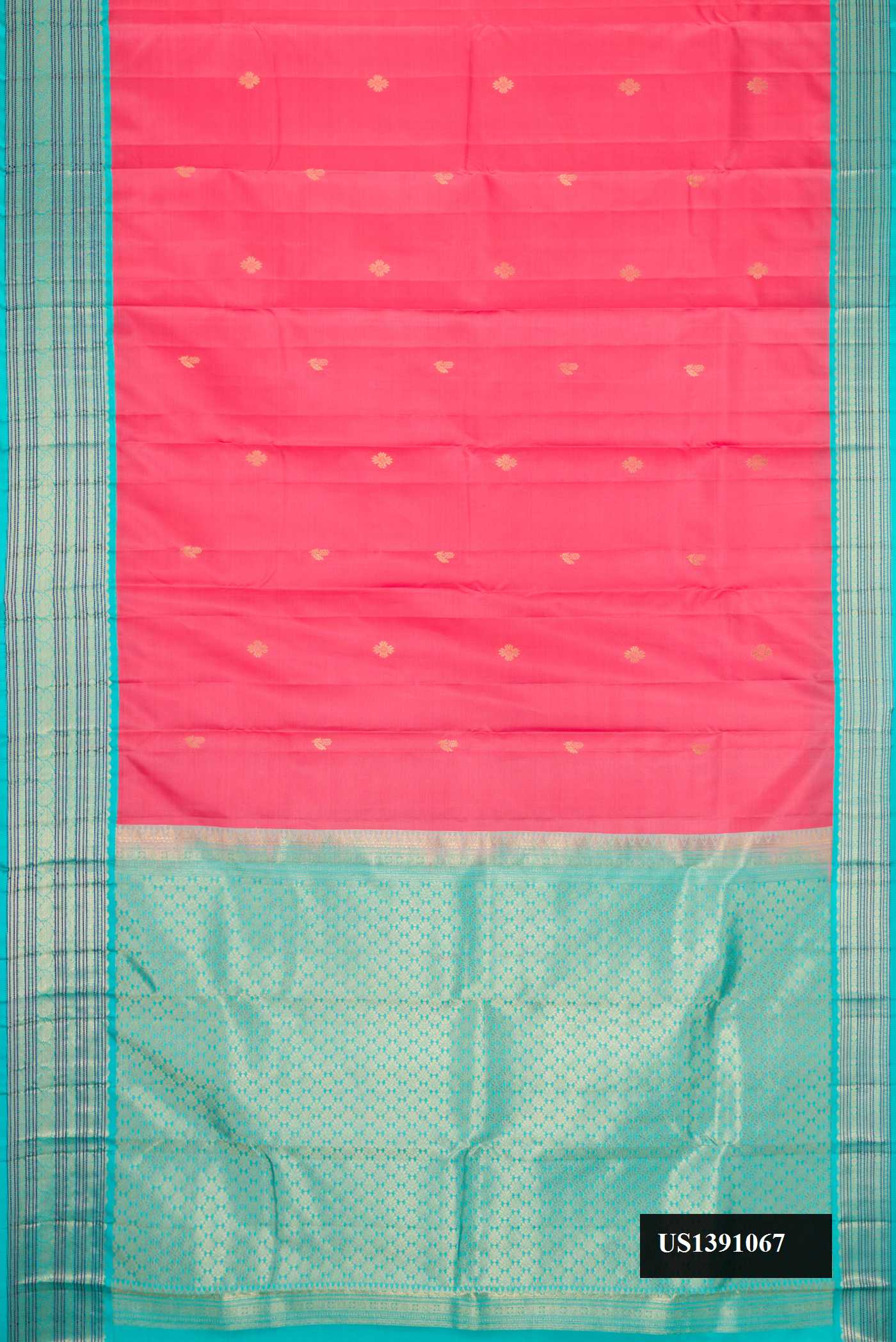 Pink Dual Tone Kanchipuram Silk Saree with Zari Butta on the body and Zari And Thread Border.  displayed on a mannequin