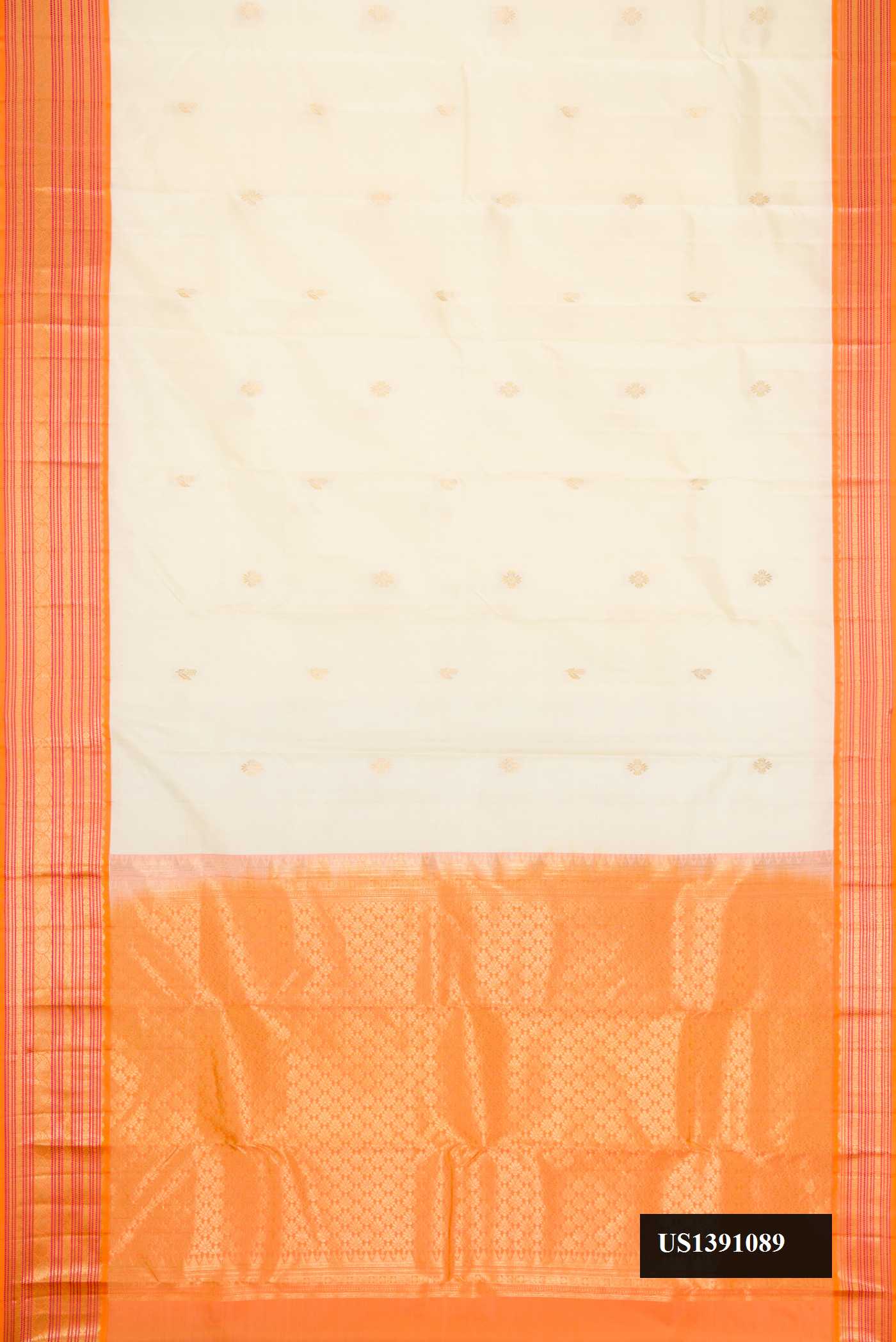 Off White Dual Tone Kanchipuram Silk Saree with Zari Butta on the body and Zari Border.  displayed on a mannequin