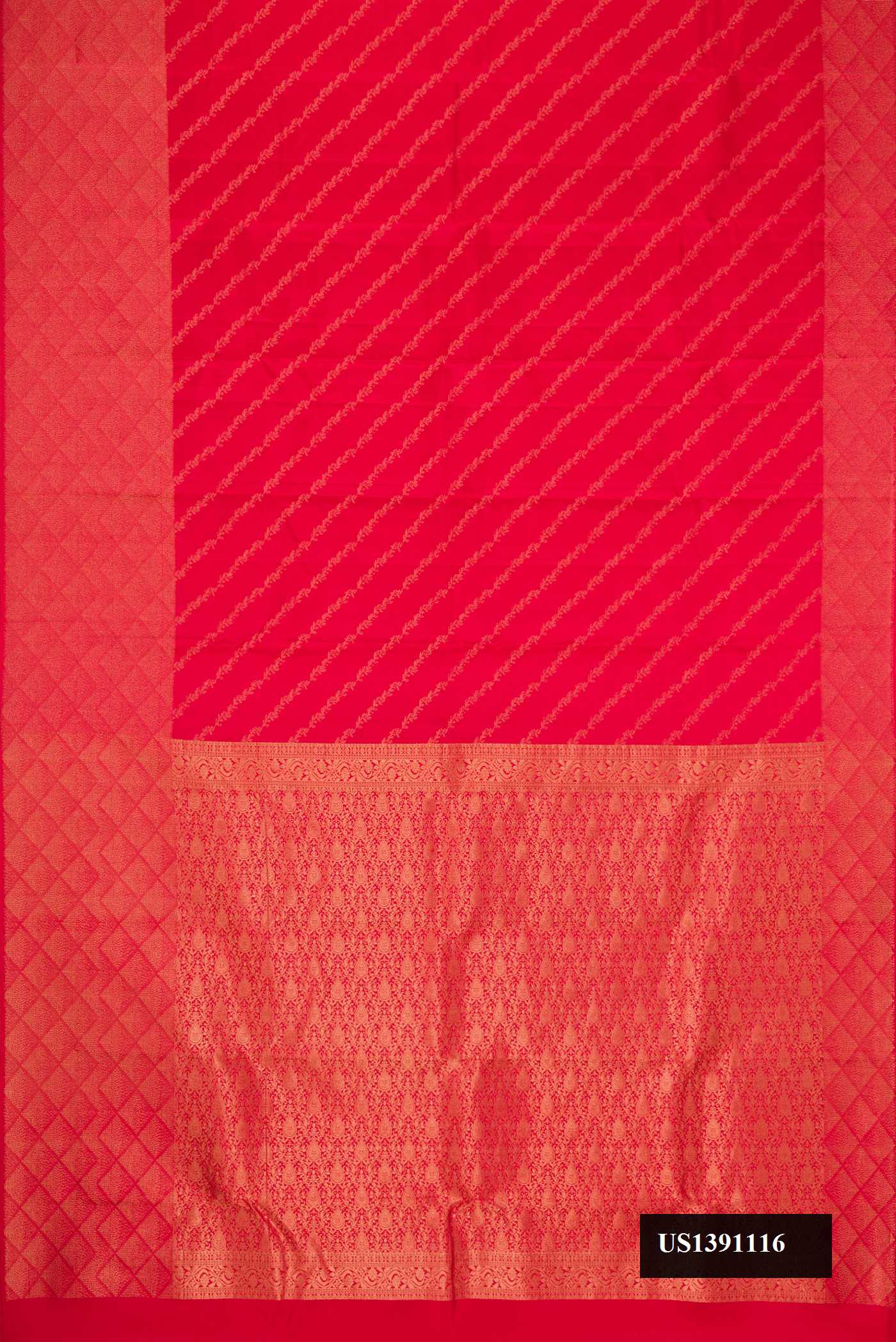 Red Dual Tone Kanchipuram Silk Saree with Stripes on the body and Fancy Border.  displayed on a mannequin