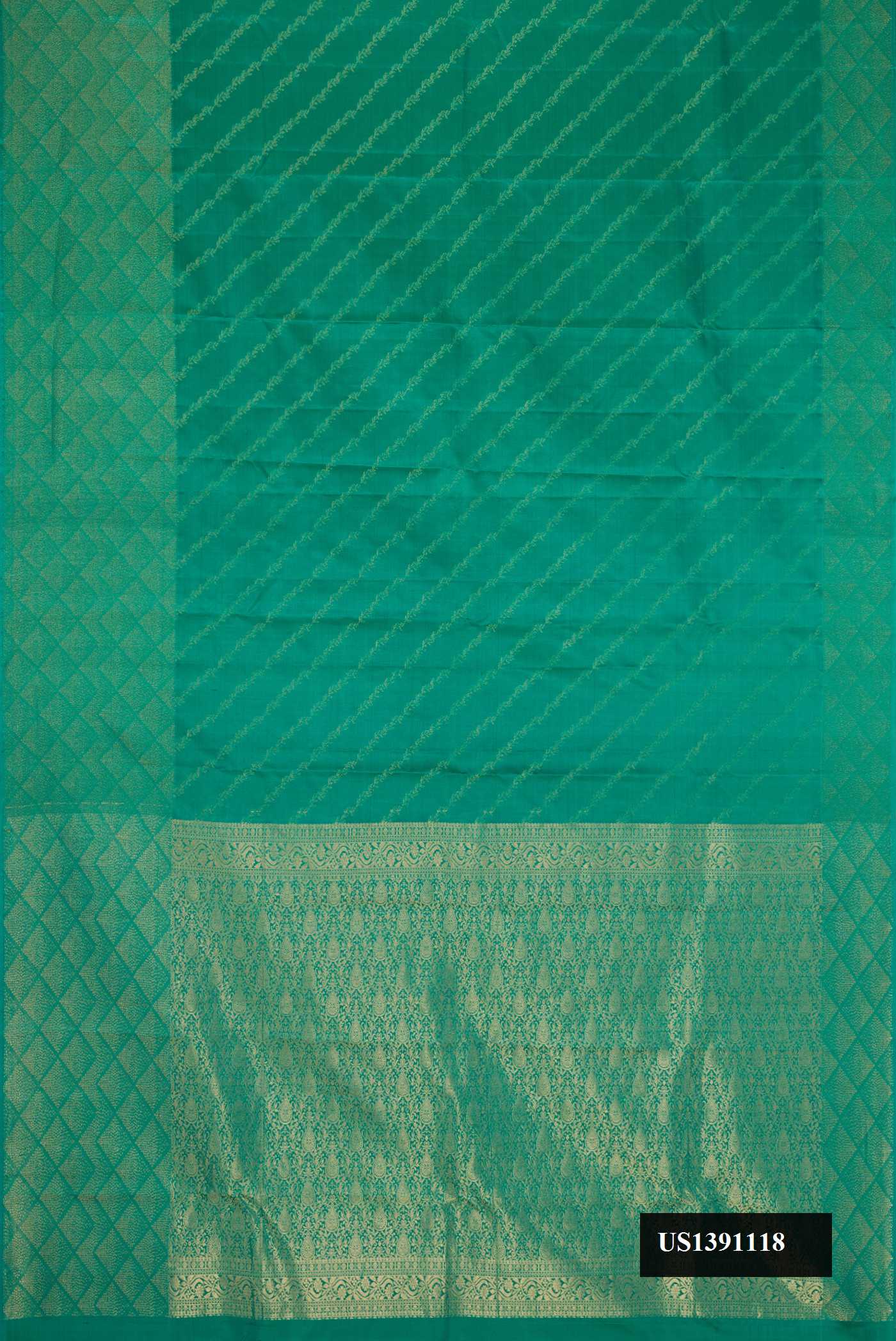 Green Dual Tone Kanchipuram Silk Saree with Stripes on the body and Fancy Border.  displayed on a mannequin