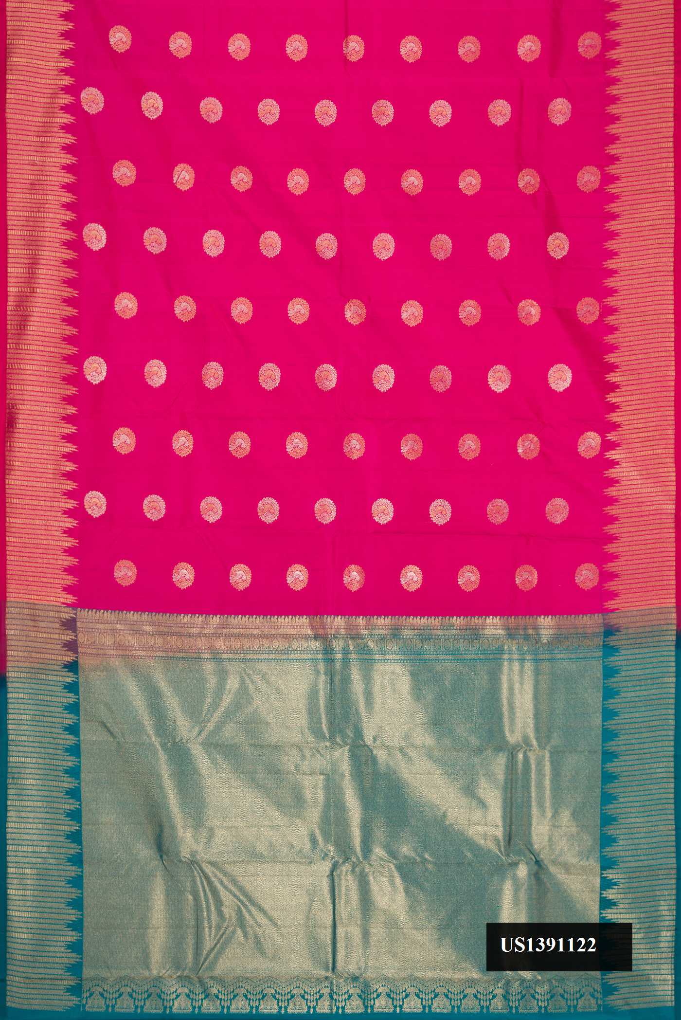 Rani Pink Dual Tone Kanchipuram Silk Saree with Zari Butta on the body and Zari Border.  displayed on a mannequin