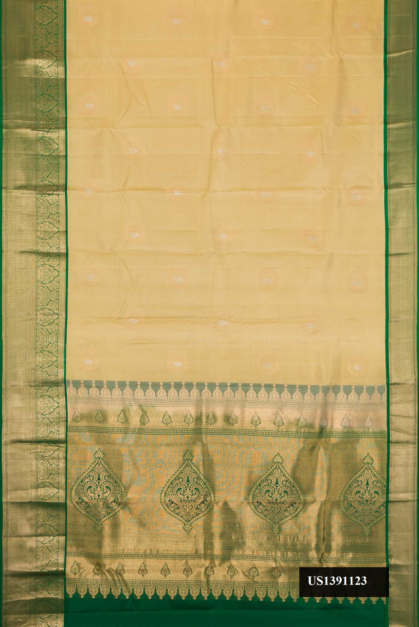 Sandal Dual Tone Kanchipuram Silk Saree with Zari Butta on the body and Zari Border.  displayed on a mannequin