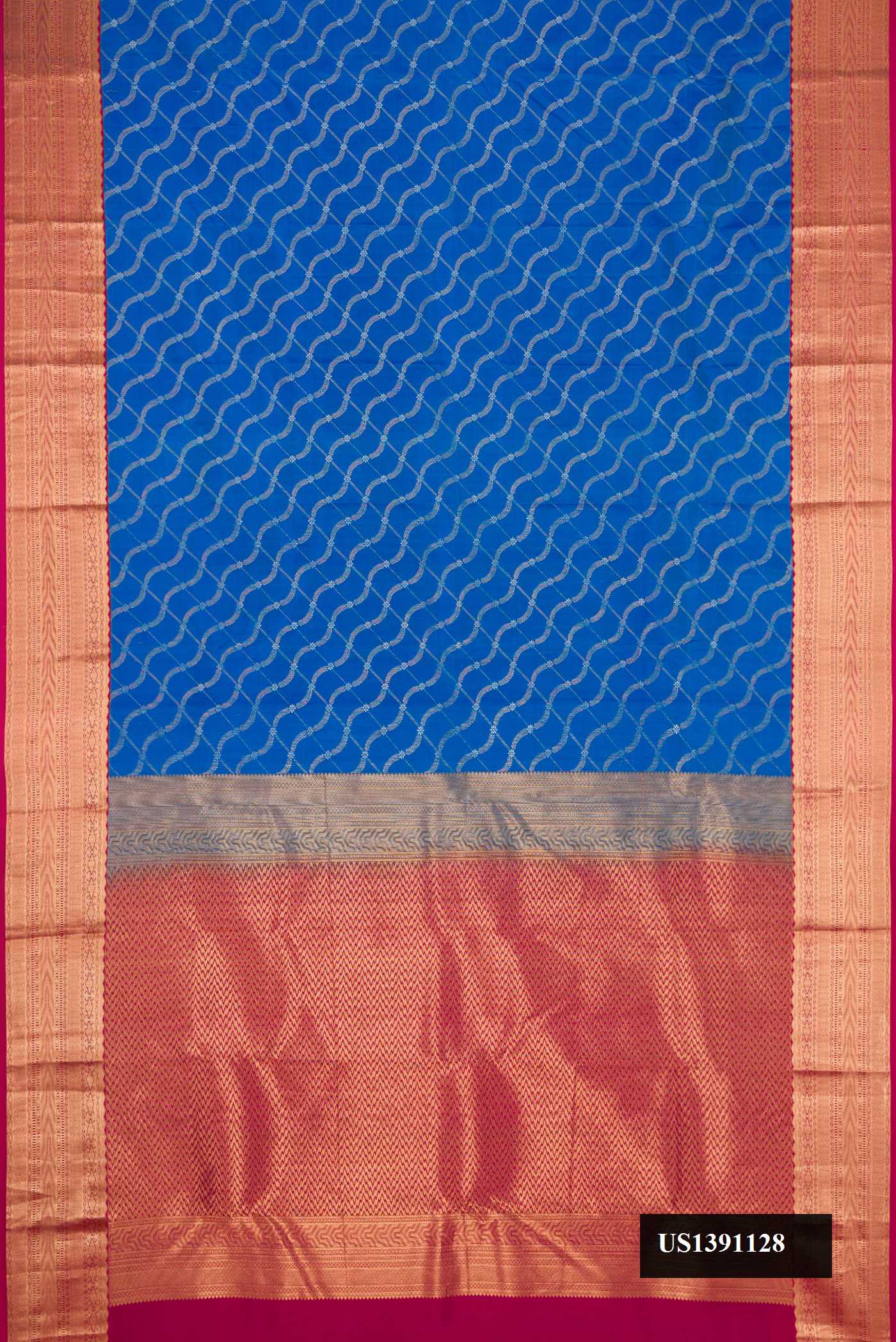Peacock Blue Dual Tone Kanchipuram Silk Saree with Zari Brocade on the body and Zari Border.  displayed on a mannequin