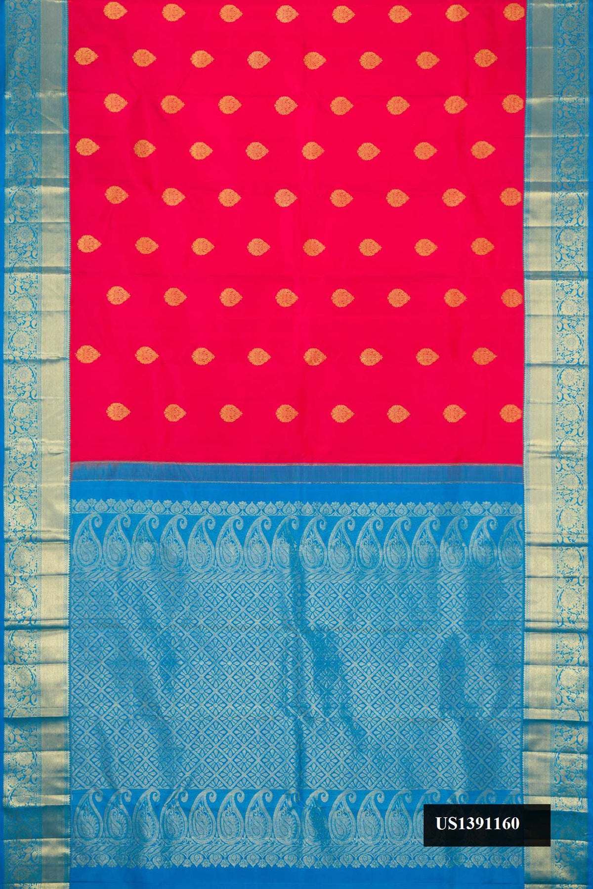 Red Dual Tone Kanchipuram Silk Saree with Zari Butta on the body and Zari Border.  displayed on a mannequin