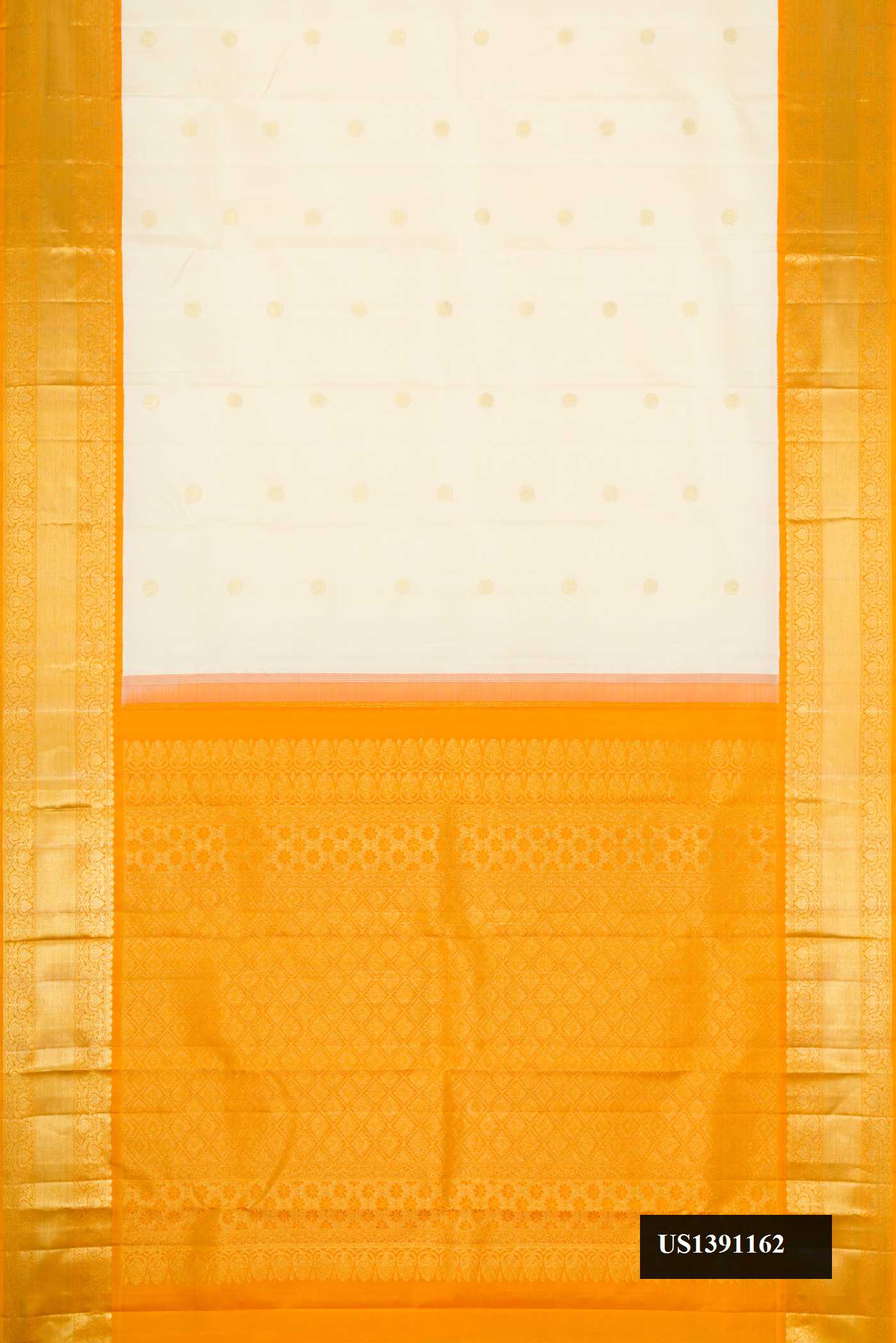 Off White Dual Tone Kanchipuram Silk Saree with Zari Butta on the body and Zari Border.  displayed on a mannequin