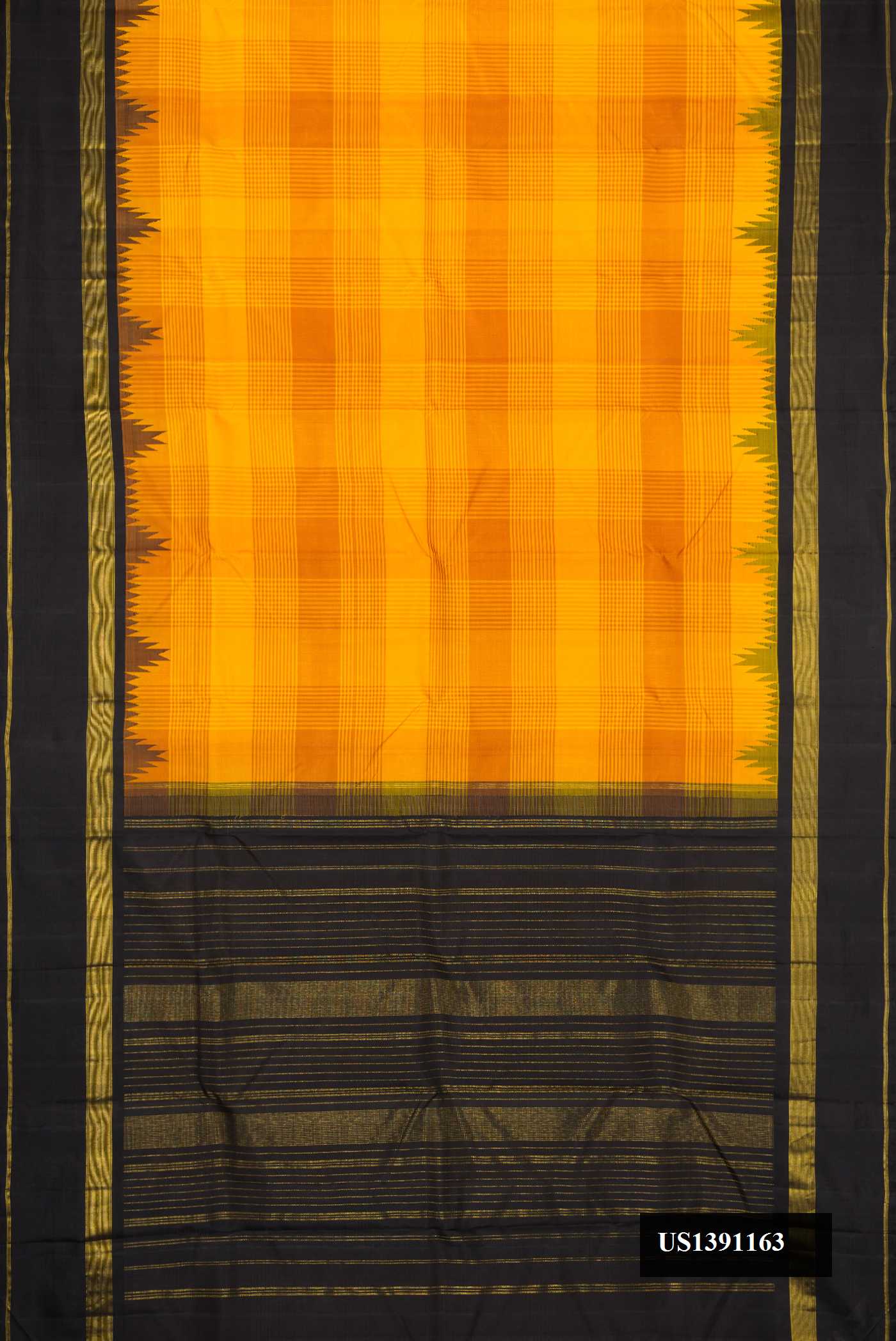 Mustard Dual Tone Kanchipuram Silk Saree with Checked design on the body and Temple Border.  displayed on a mannequin