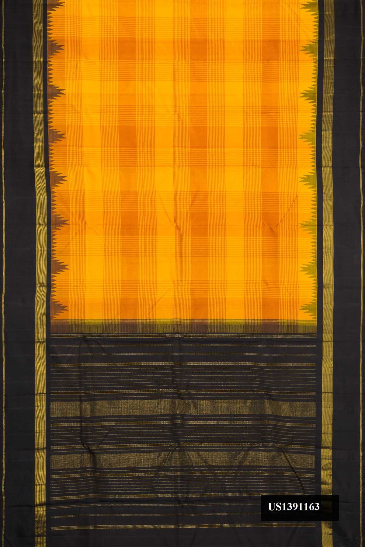 Mustard Dual Tone Kanchipuram Silk Saree with Checked design on the body and Temple Border.  displayed on a mannequin