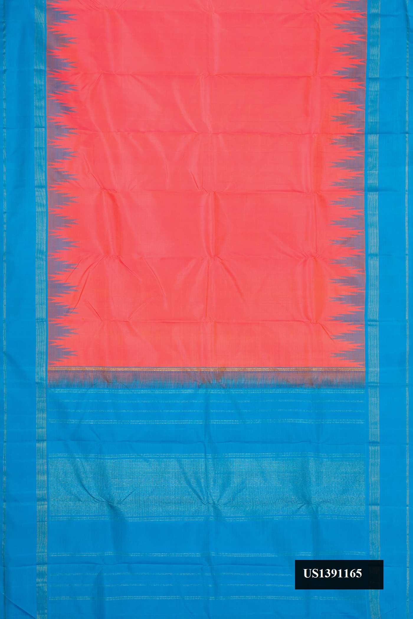 Orange Dual Tone Kanchipuram Silk Saree with Plain Body and Temple Border.  displayed on a mannequin