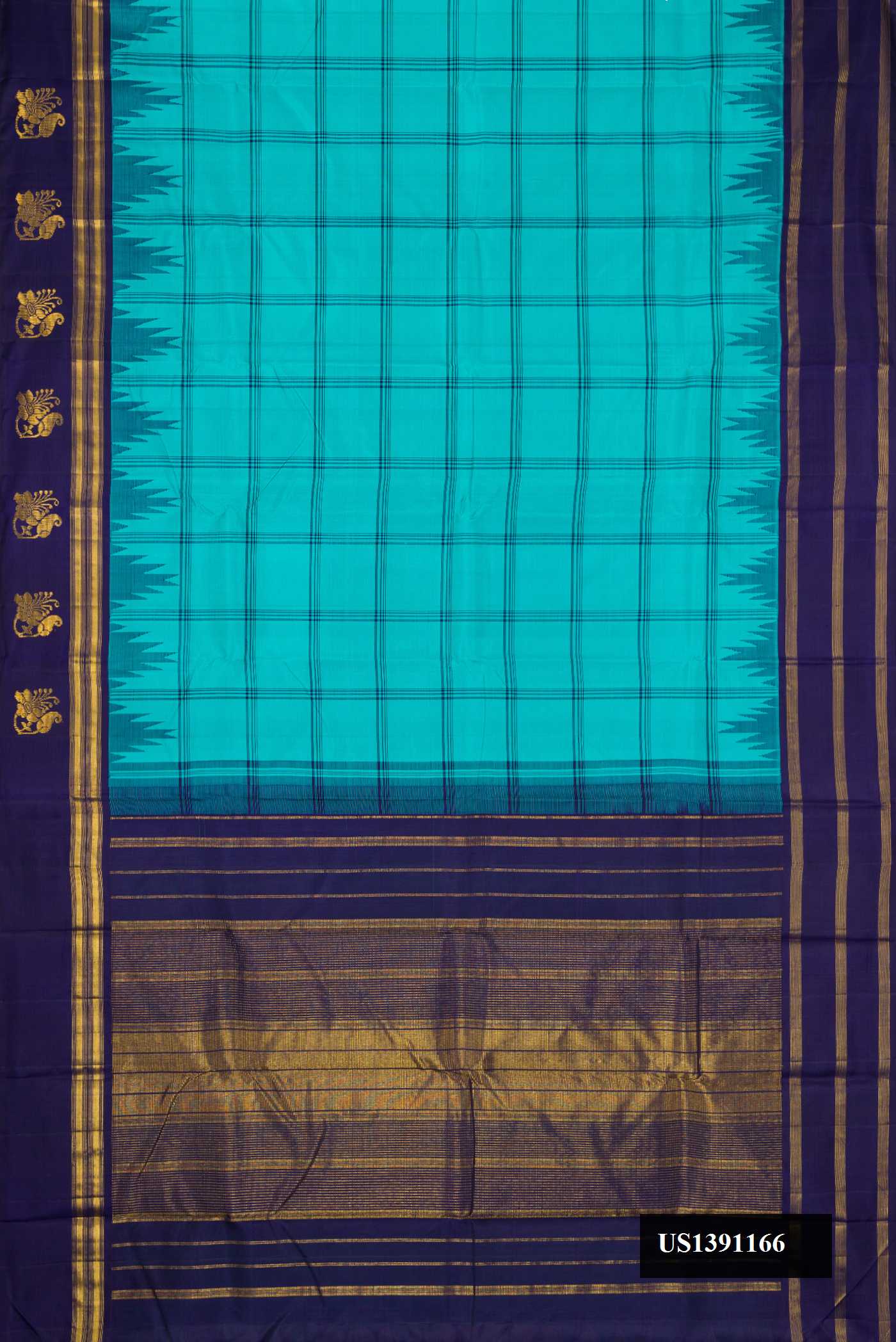 Sky Blue Dual Tone Kanchipuram Silk Saree with Checked design on the body and Fancy Border.  displayed on a mannequin