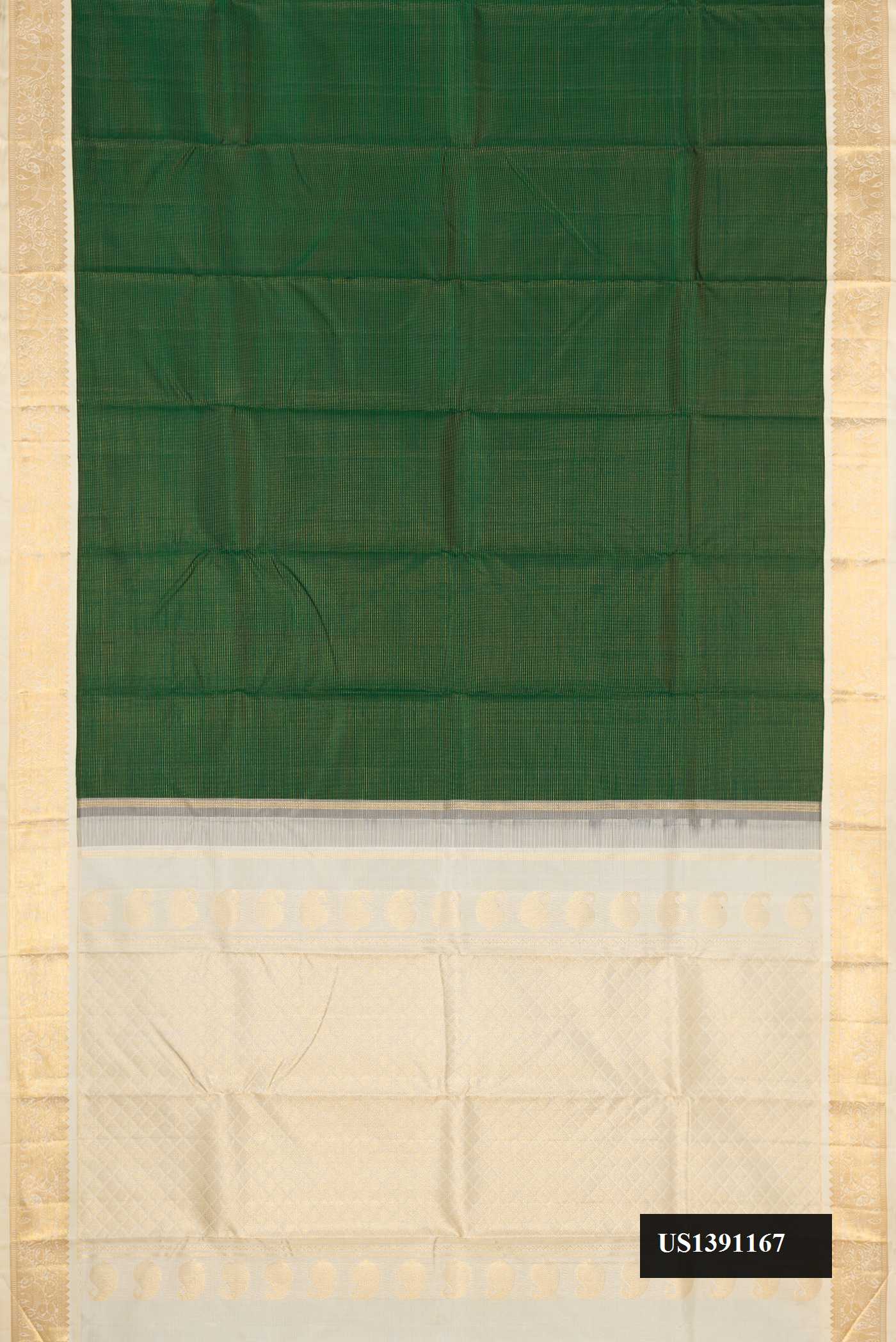 Bottle Green Dual Tone Kanchipuram Silk Saree with Stripes on the body and Zari Border.  displayed on a mannequin