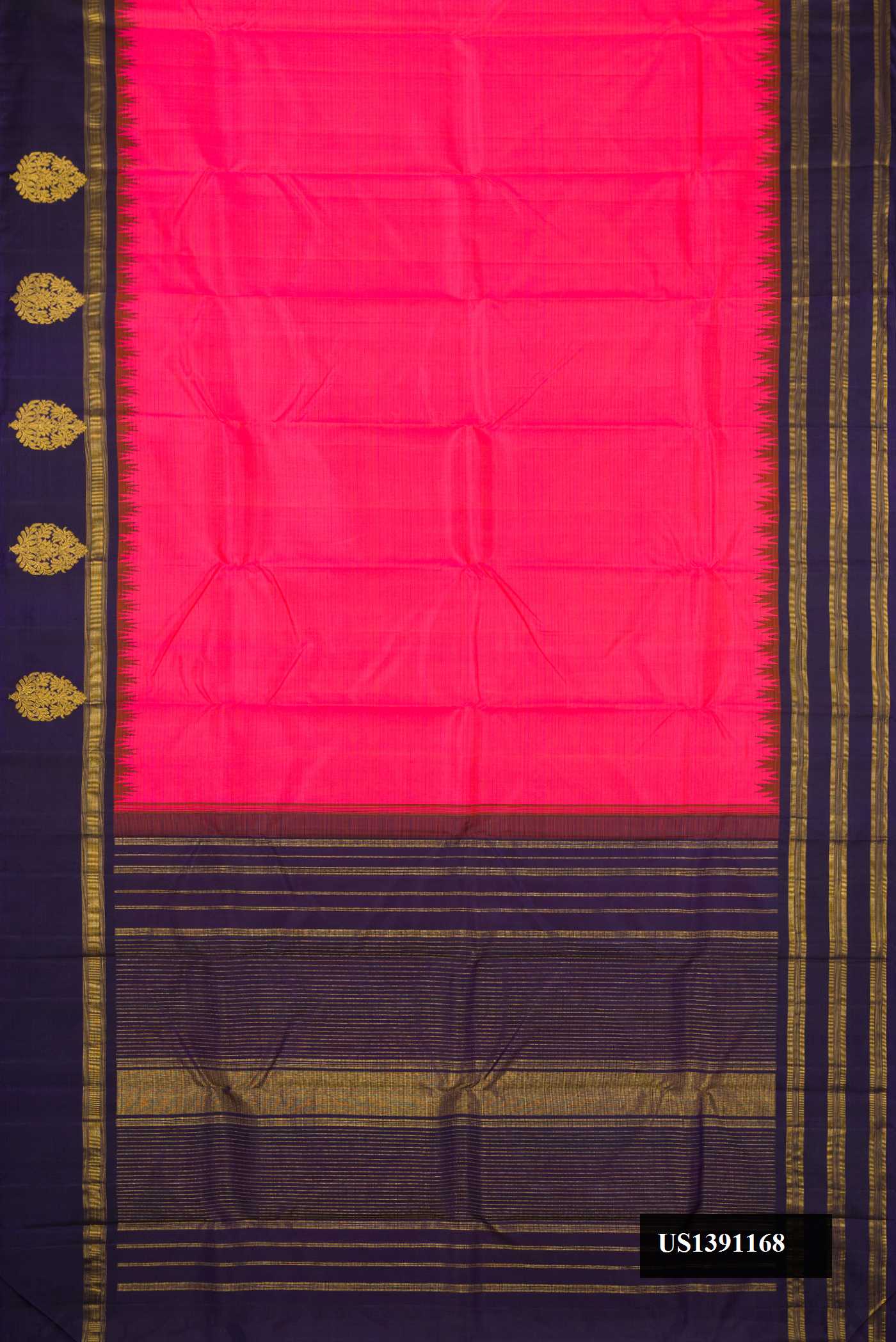 Pink Dual Tone Kanchipuram Silk Saree with Stripes on the body and Fancy Border.  displayed on a mannequin