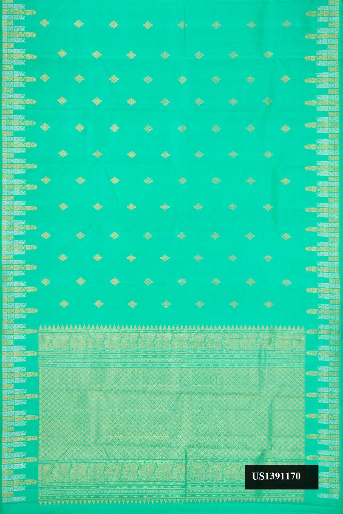 Sea Green Dual Tone Kanchipuram Silk Saree with Zari Butta on the body and Fancy Border.  displayed on a mannequin