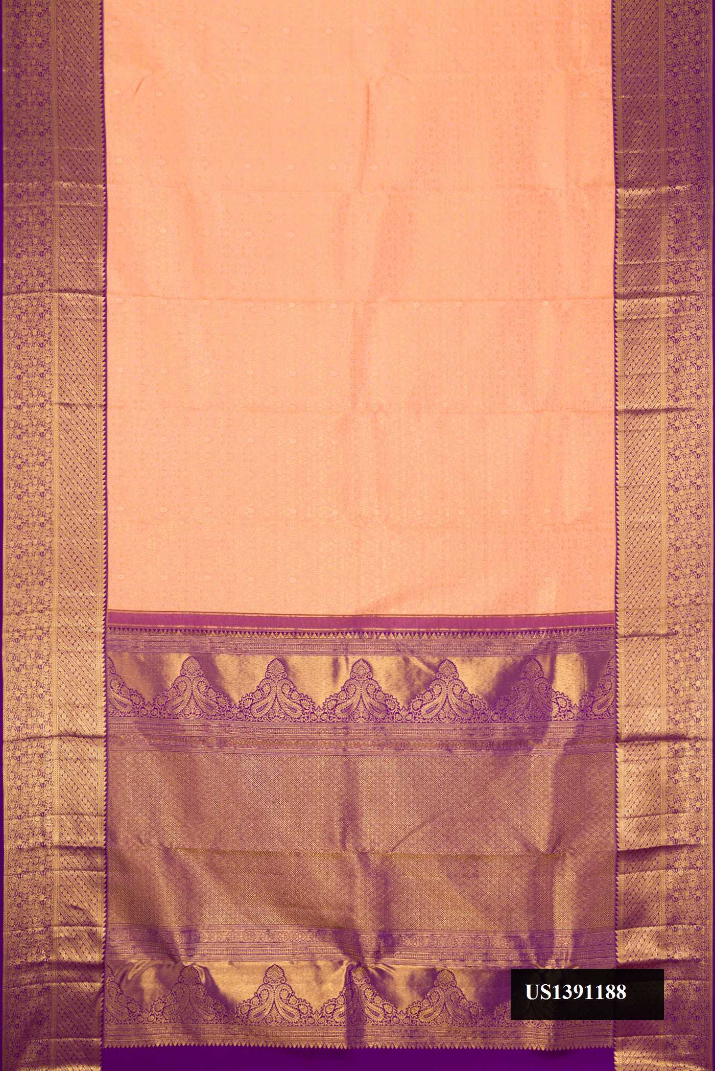 Golden Peach Dual Tone Kanchipuram Silk Saree with Zari Brocade on the body and Zari Border.  displayed on a mannequin