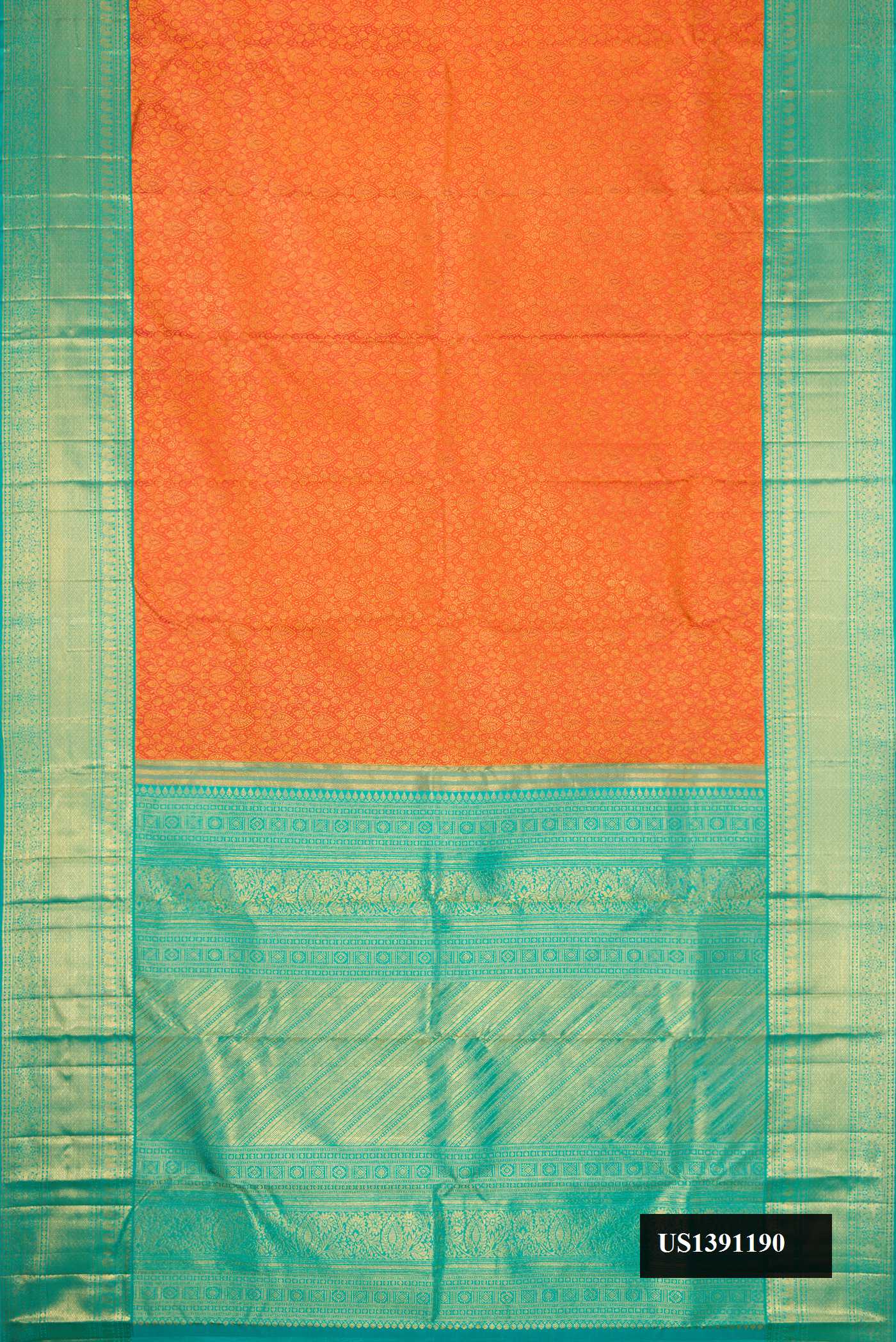 Orange Dual Tone Kanchipuram Silk Saree with Zari Brocade on the body and Zari Border.  displayed on a mannequin