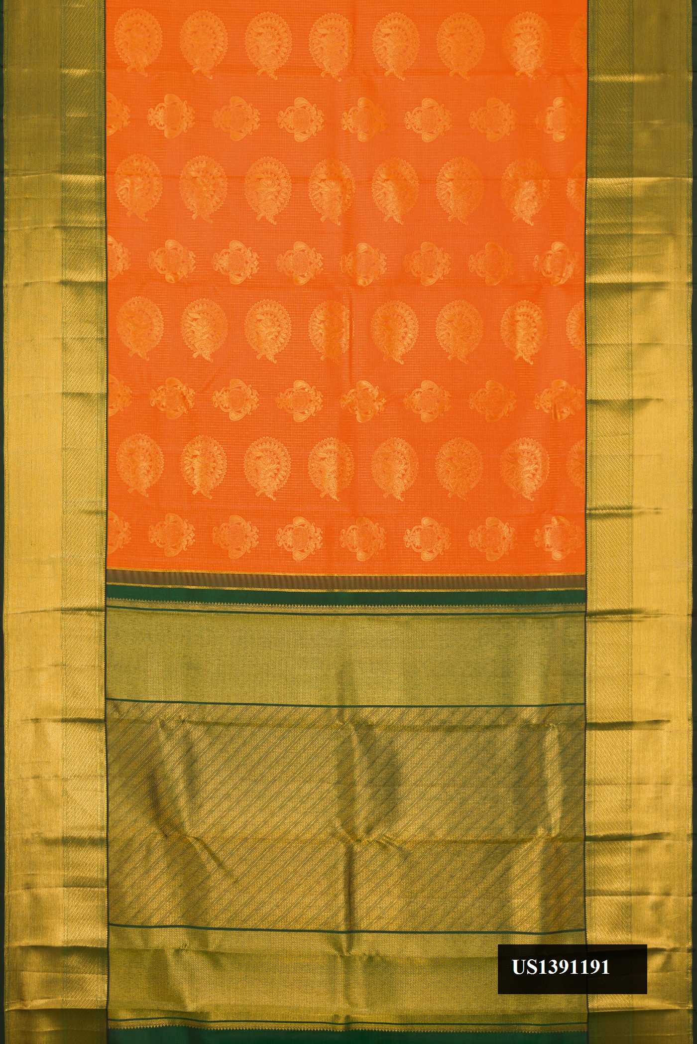 Orange Dual Tone Kanchipuram Silk Saree with Zari Brocade on the body and Zari Border.  displayed on a mannequin