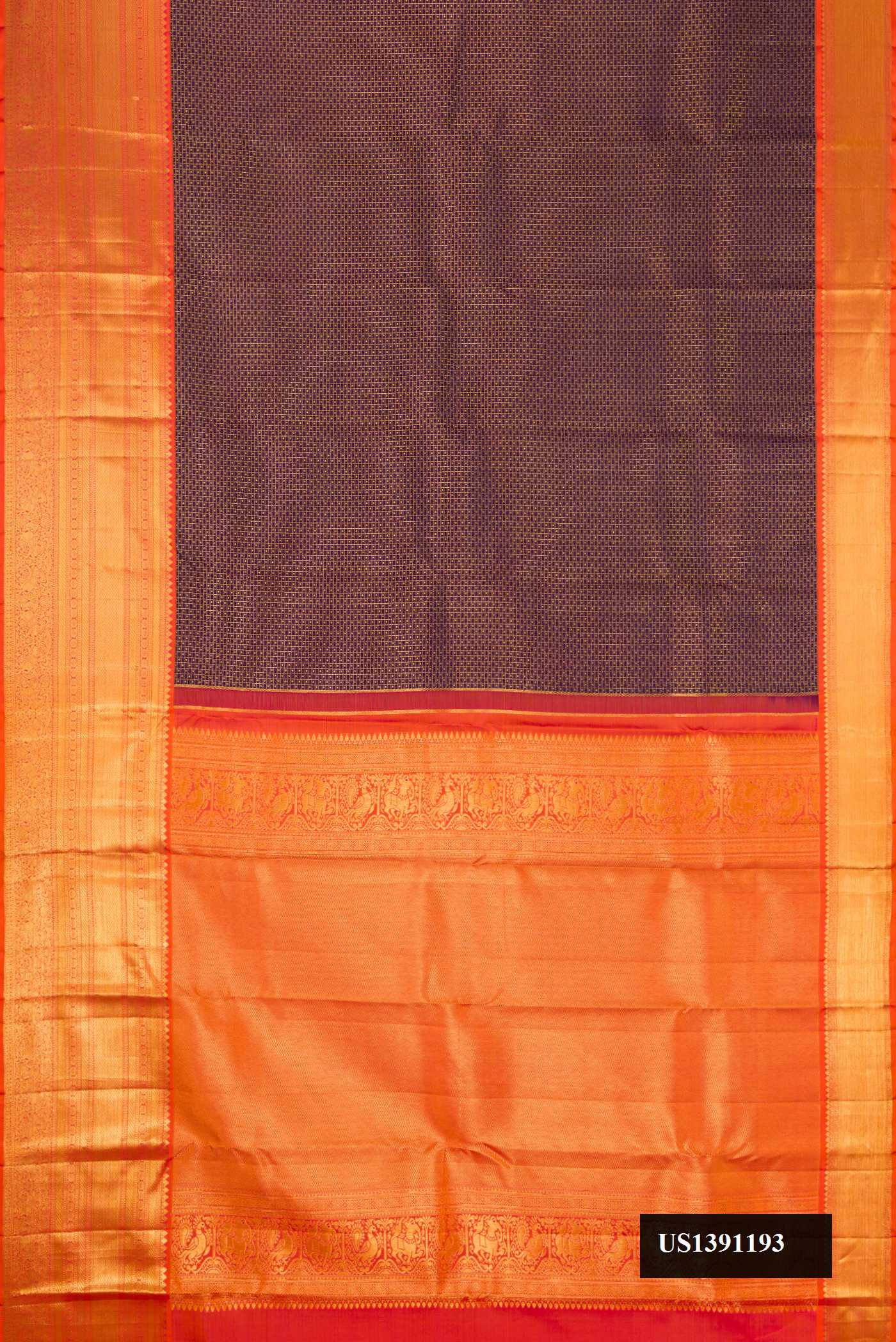 Navy Blue Dual Tone Kanchipuram Silk Saree with Zari Brocade on the body and Zari Border.  displayed on a mannequin