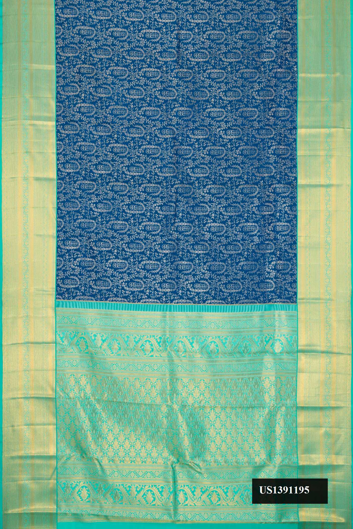 Peacock Blue Dual Tone Kanchipuram Silk Saree with Zari Brocade on the body and Zari Border.  displayed on a mannequin