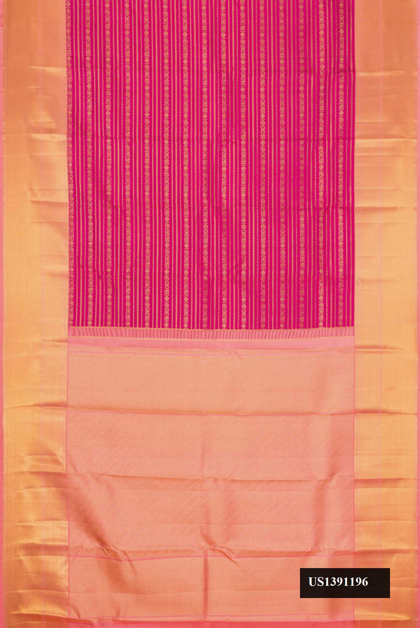 Magenta Dual Tone Kanchipuram Silk Saree with Zari Brocade on the body and Zari Border.  displayed on a mannequin