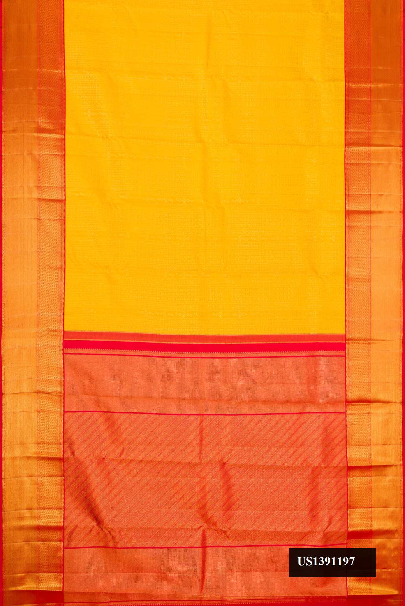 Yellow Dual Tone Kanchipuram Silk Saree with Zari Brocade on the body and Zari Border.  displayed on a mannequin