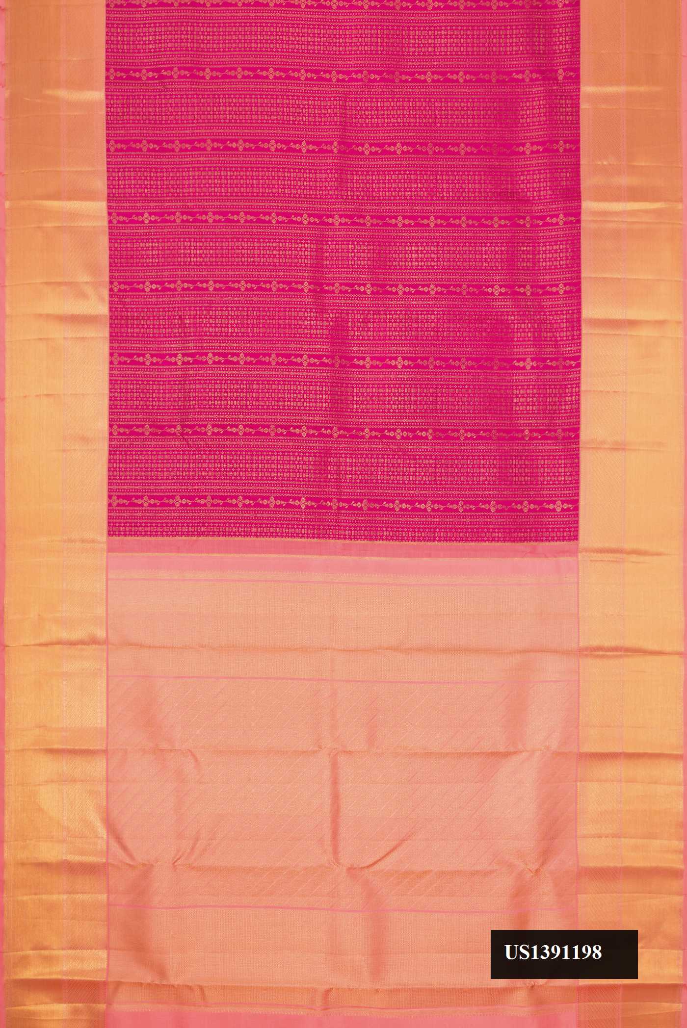 Magenta Dual Tone Kanchipuram Silk Saree with Zari Brocade on the body and Zari Border.  displayed on a mannequin