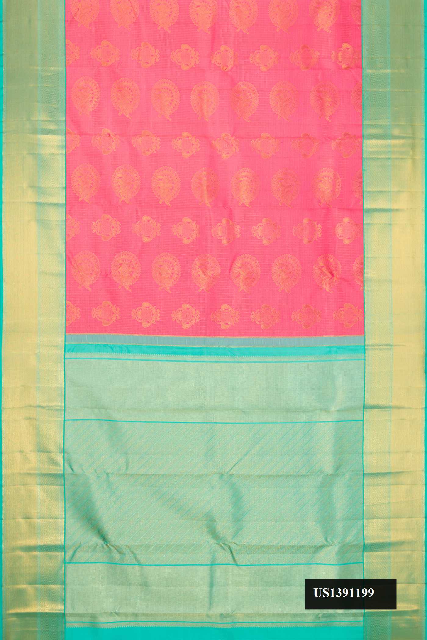 Pink Dual Tone Kanchipuram Silk Saree with Zari Brocade on the body and Zari Border.  displayed on a mannequin