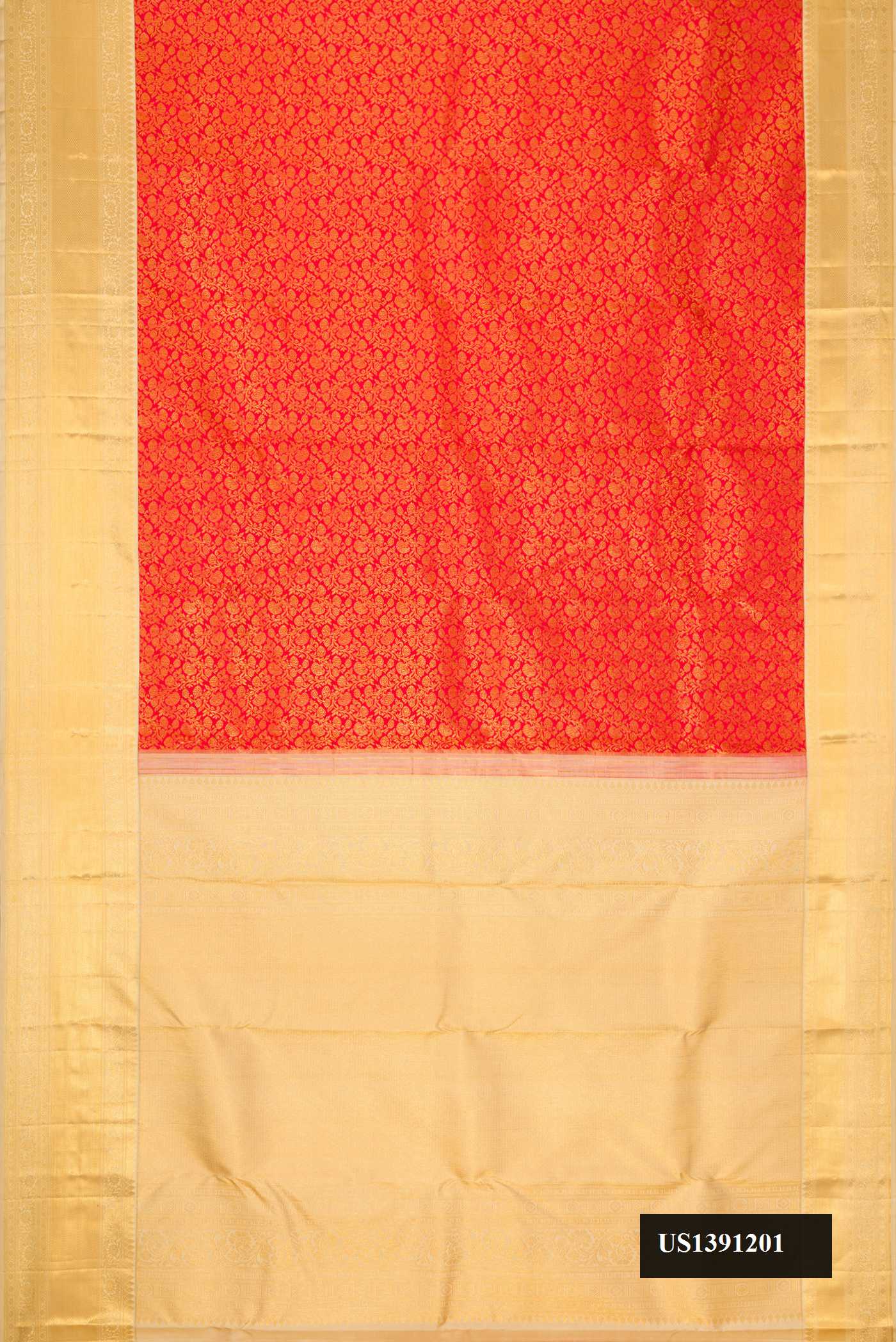 Red Dual Tone Kanchipuram Silk Saree with Zari Brocade on the body and Zari Border.  displayed on a mannequin