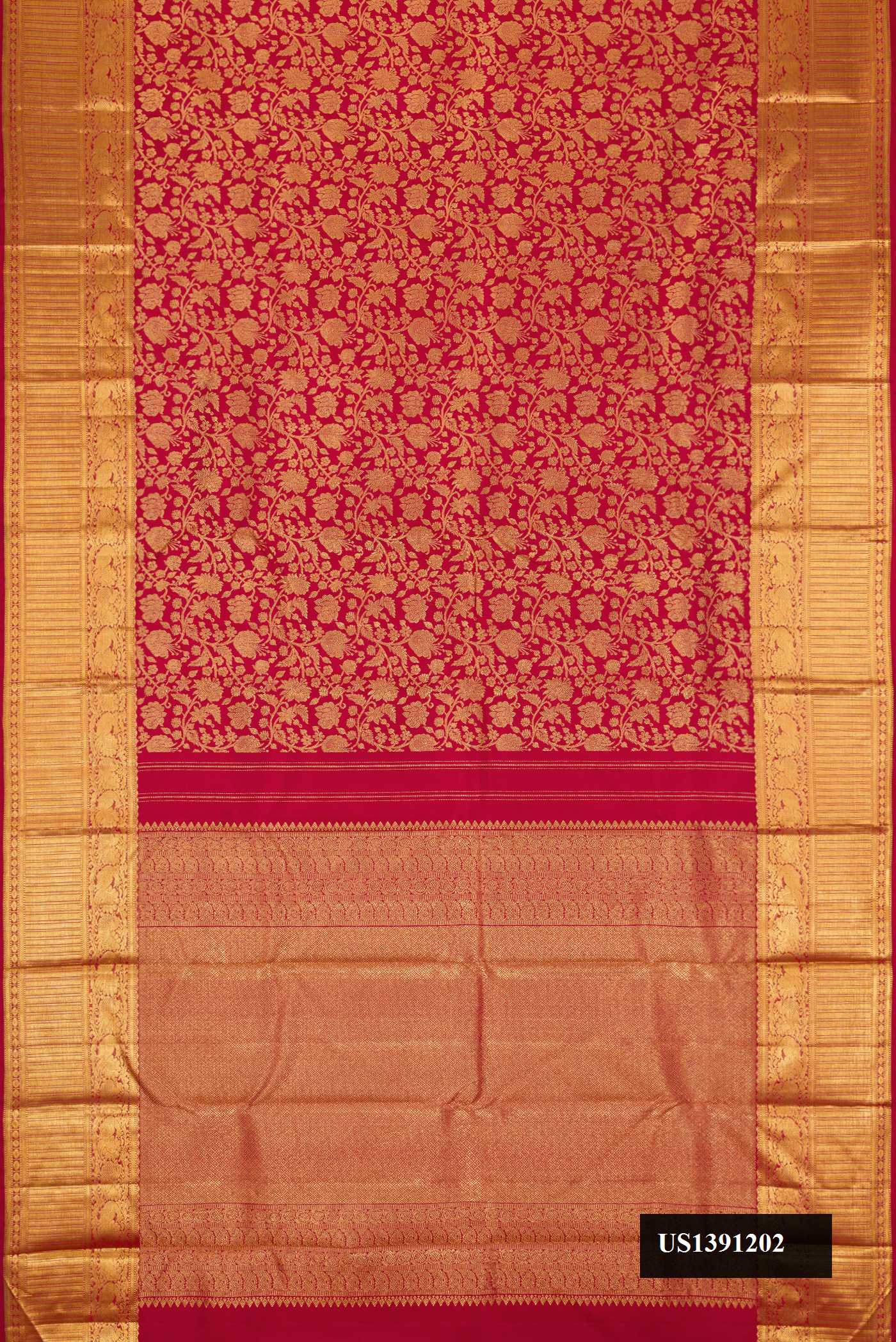 Maroon Dual Tone Kanchipuram Silk Saree with Zari Brocade on the body and Zari Border.  displayed on a mannequin