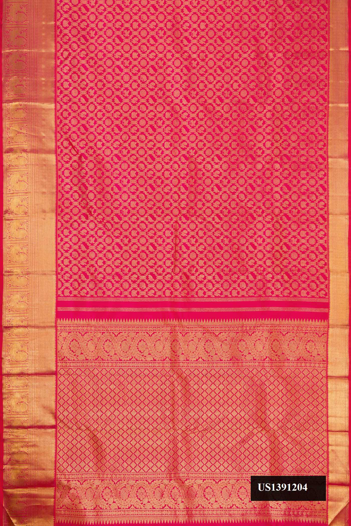 Pink Dual Tone Kanchipuram Silk Saree with Zari Brocade on the body and Zari Border.  displayed on a mannequin