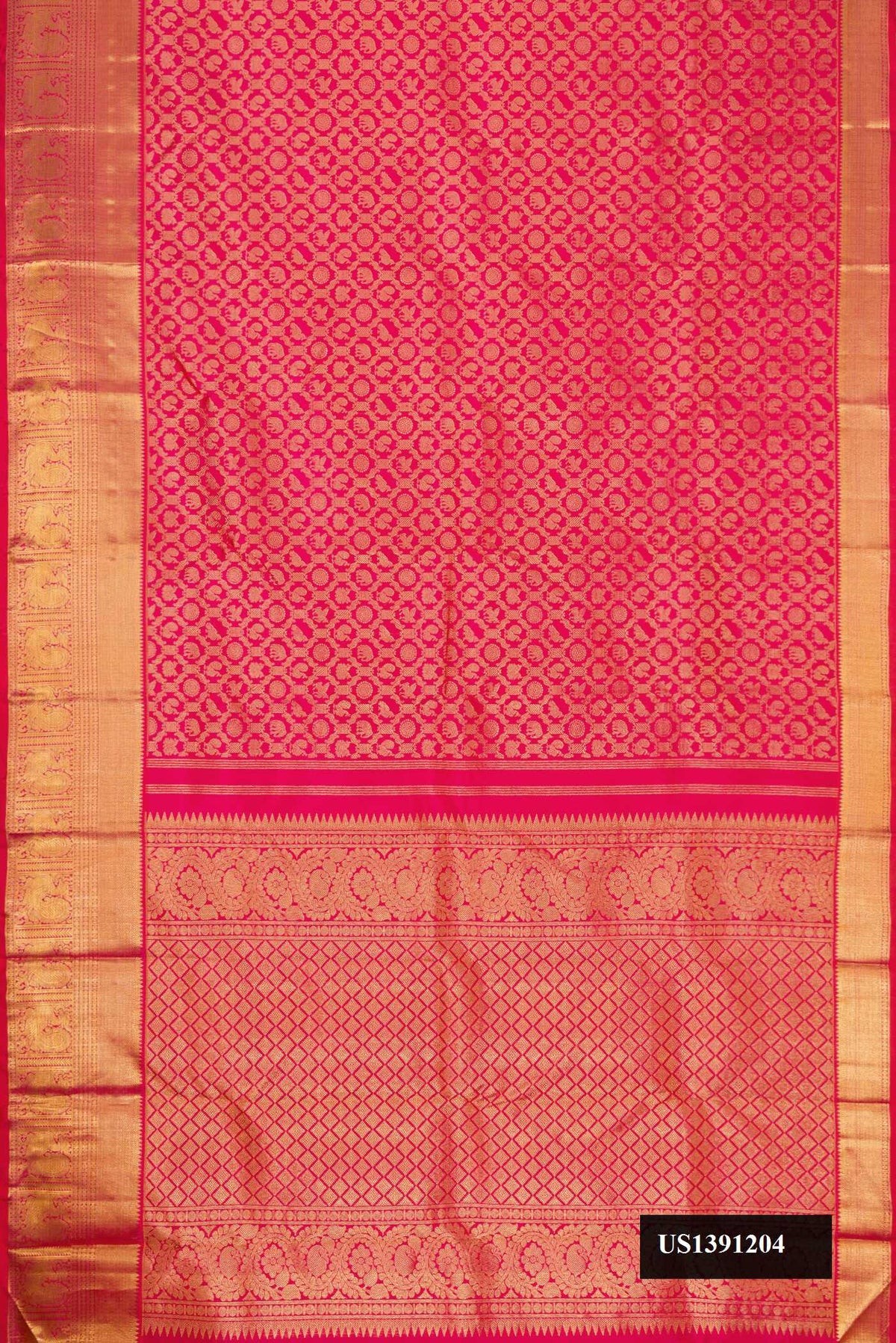 Pink Dual Tone Kanchipuram Silk Saree with Zari Brocade on the body and Zari Border.  displayed on a mannequin