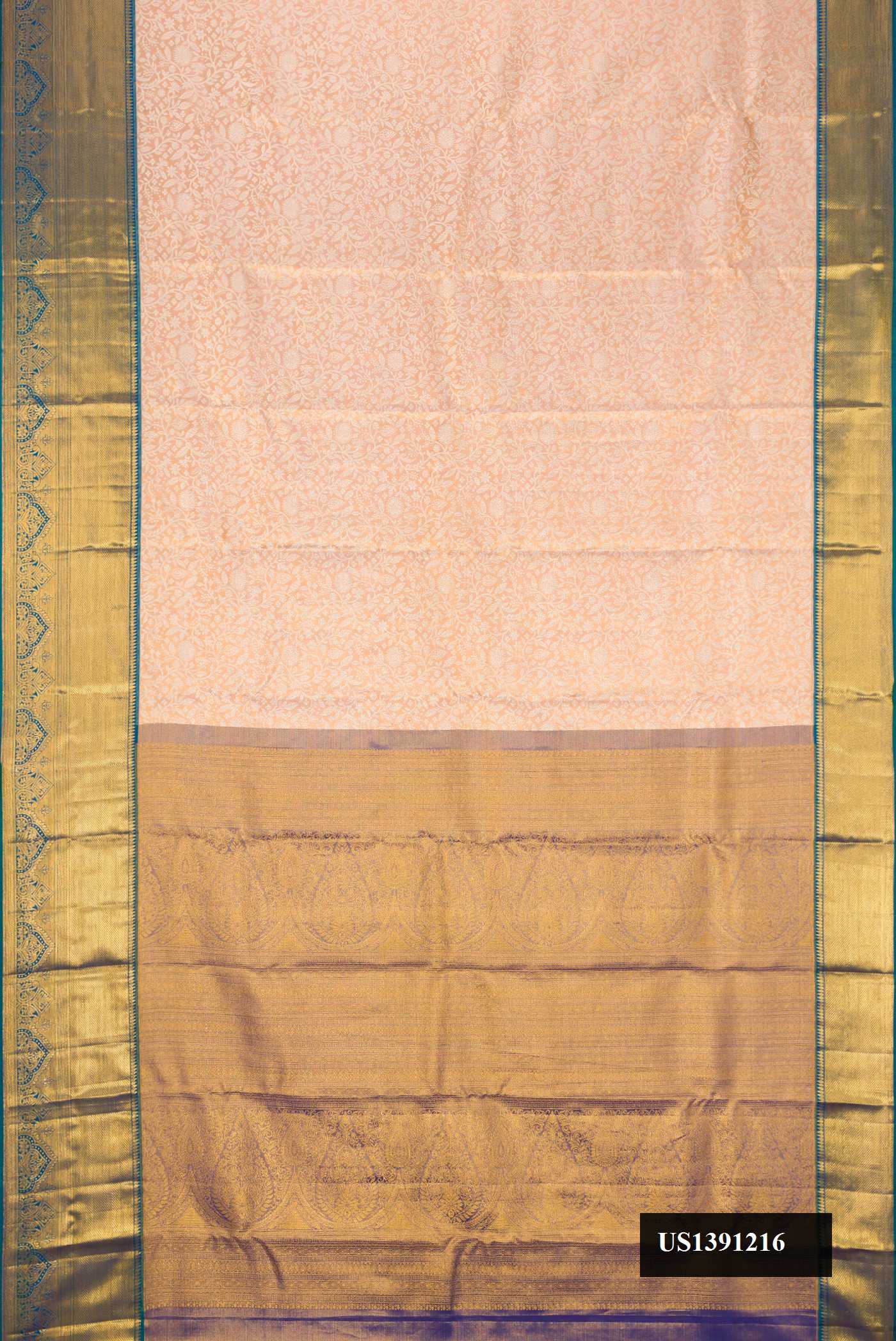 Golden Peach Dual Tone Kanchipuram Tissue Silk Saree with Zari Brocade on the body and Zari Border.  displayed on a mannequin