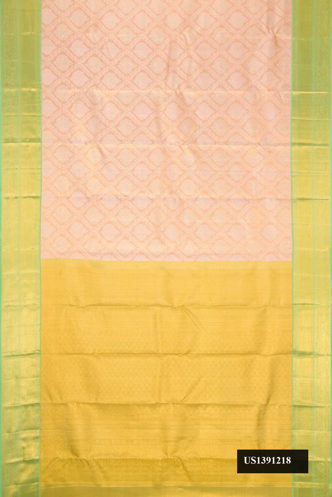 Golden Peach Dual Tone Kanchipuram Tissue Silk Saree with Zari Brocade on the body and Zari Border.  displayed on a mannequin