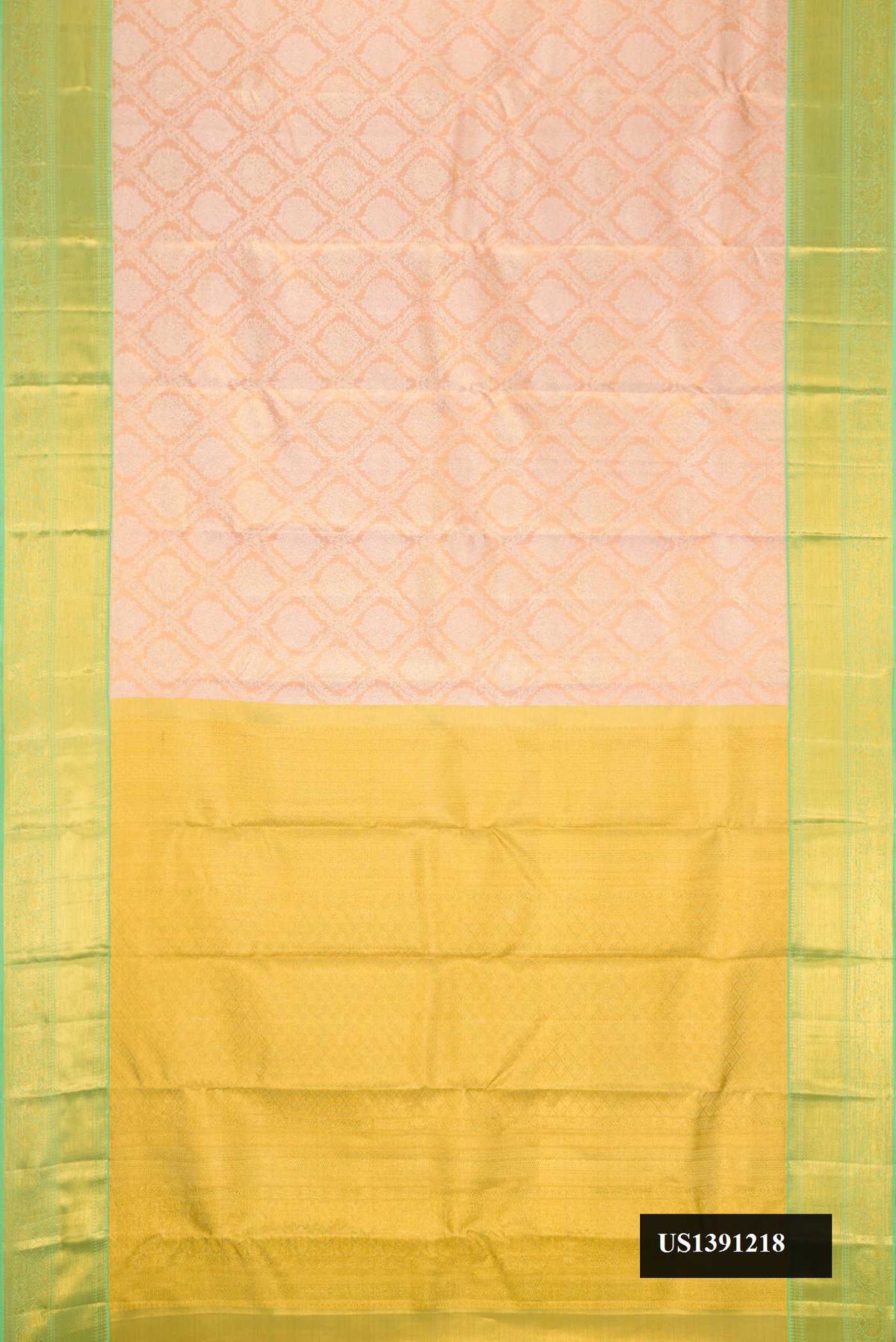 Golden Peach Dual Tone Kanchipuram Tissue Silk Saree with Zari Brocade on the body and Zari Border.  displayed on a mannequin