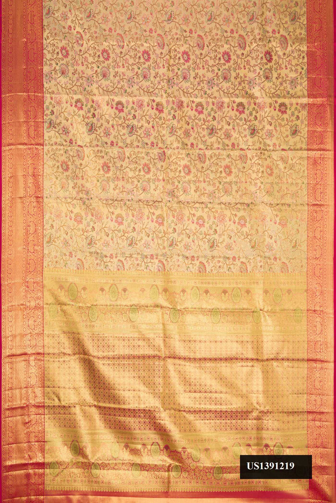 Gold Dual Tone Kanchipuram Tissue Silk Saree with Zari Brocade on the body and Zari Border.  displayed on a mannequin